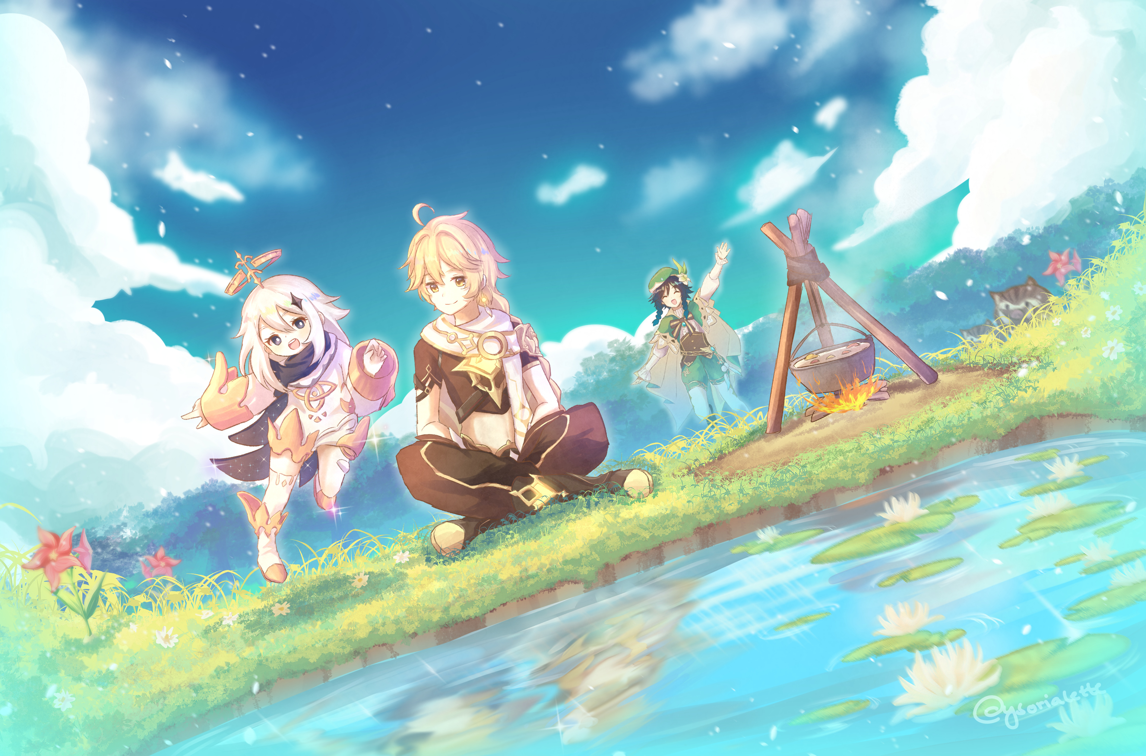 Aether, Paimon, and Venti from Genshin Impact camping by a lake HD Wallpaper