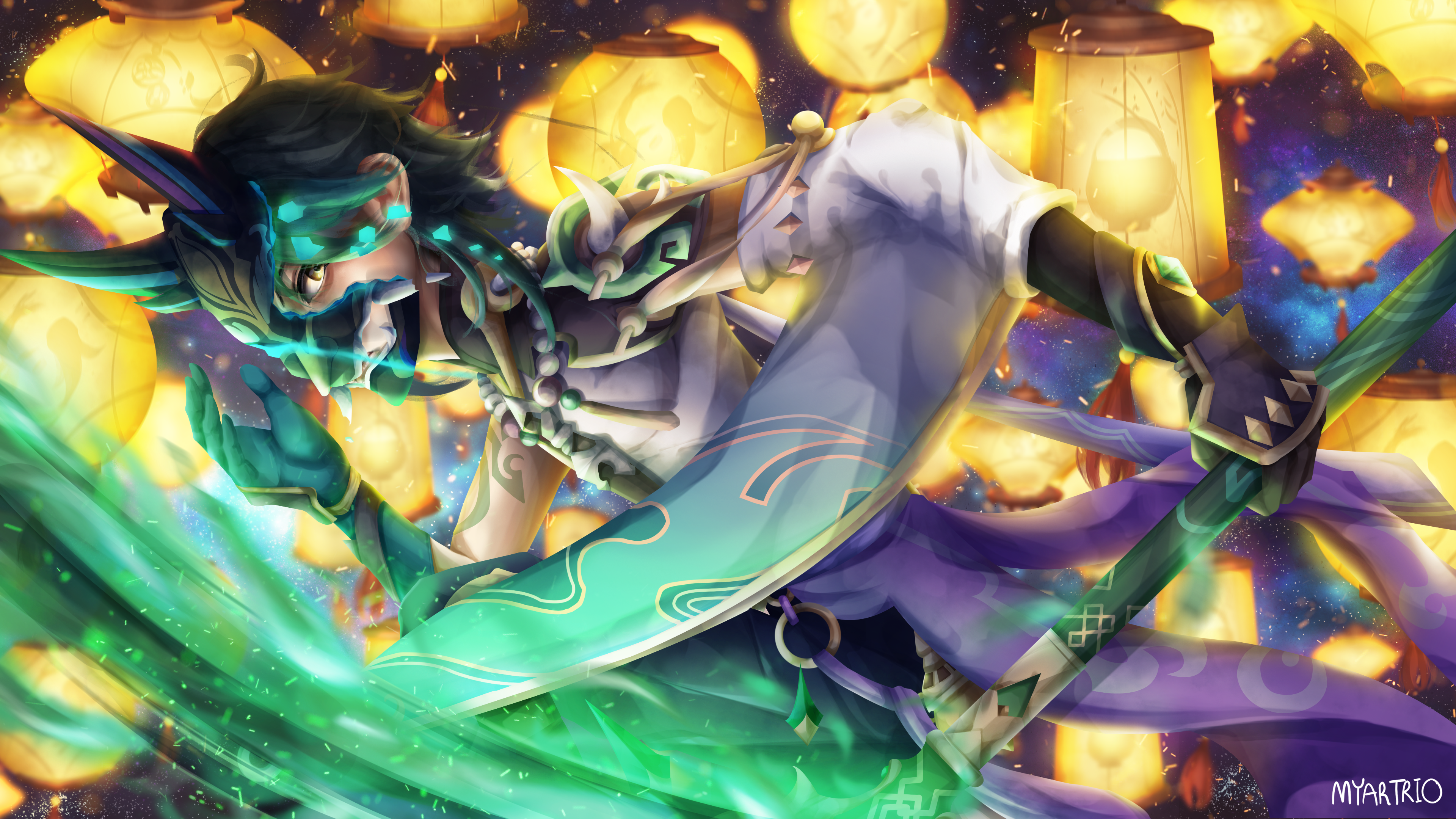 Xiao from Genshin Impact with lanterns HD Wallpaper
