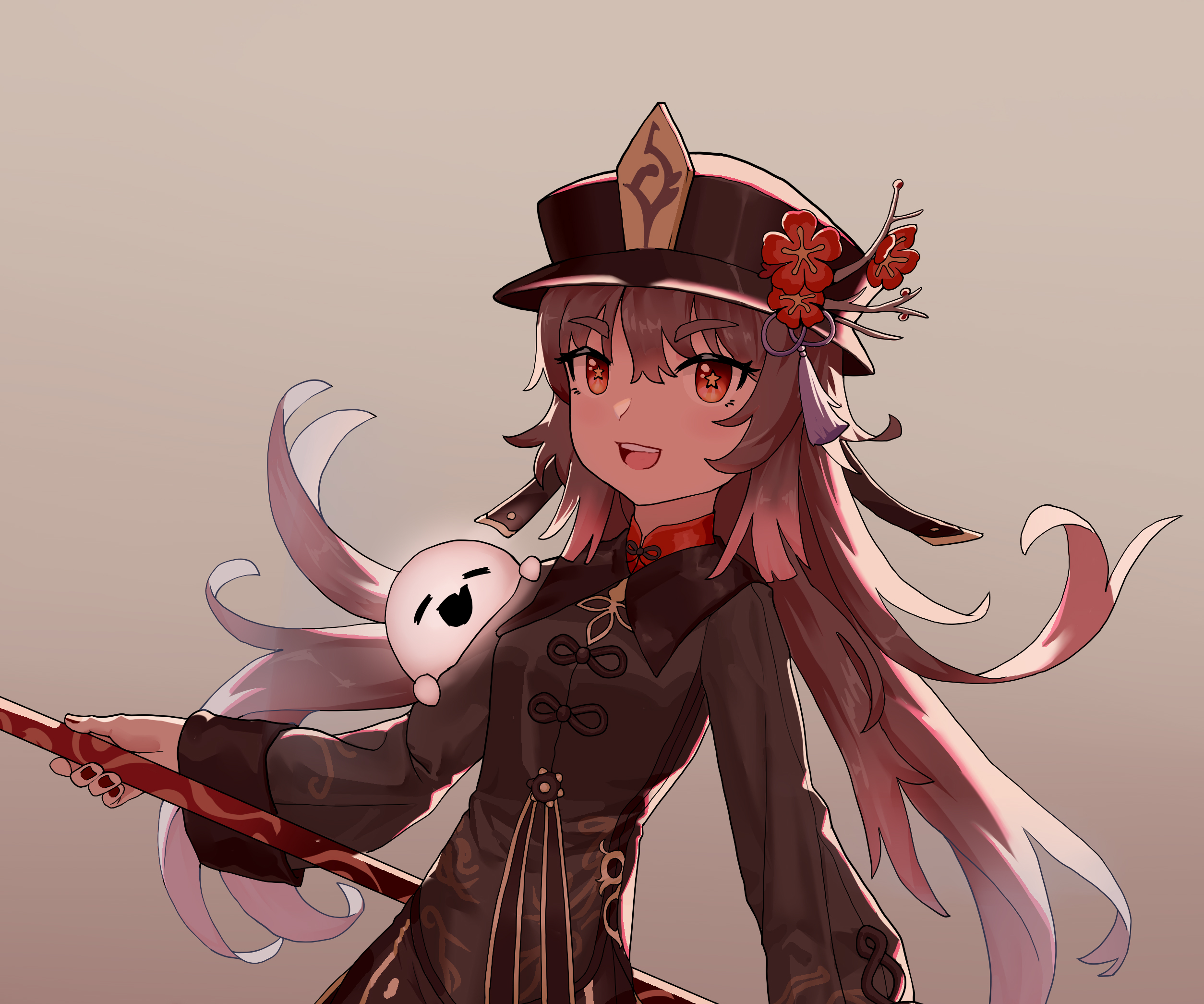 Hu Tao from Genshin Impact with a ghost companion HD Wallpaper