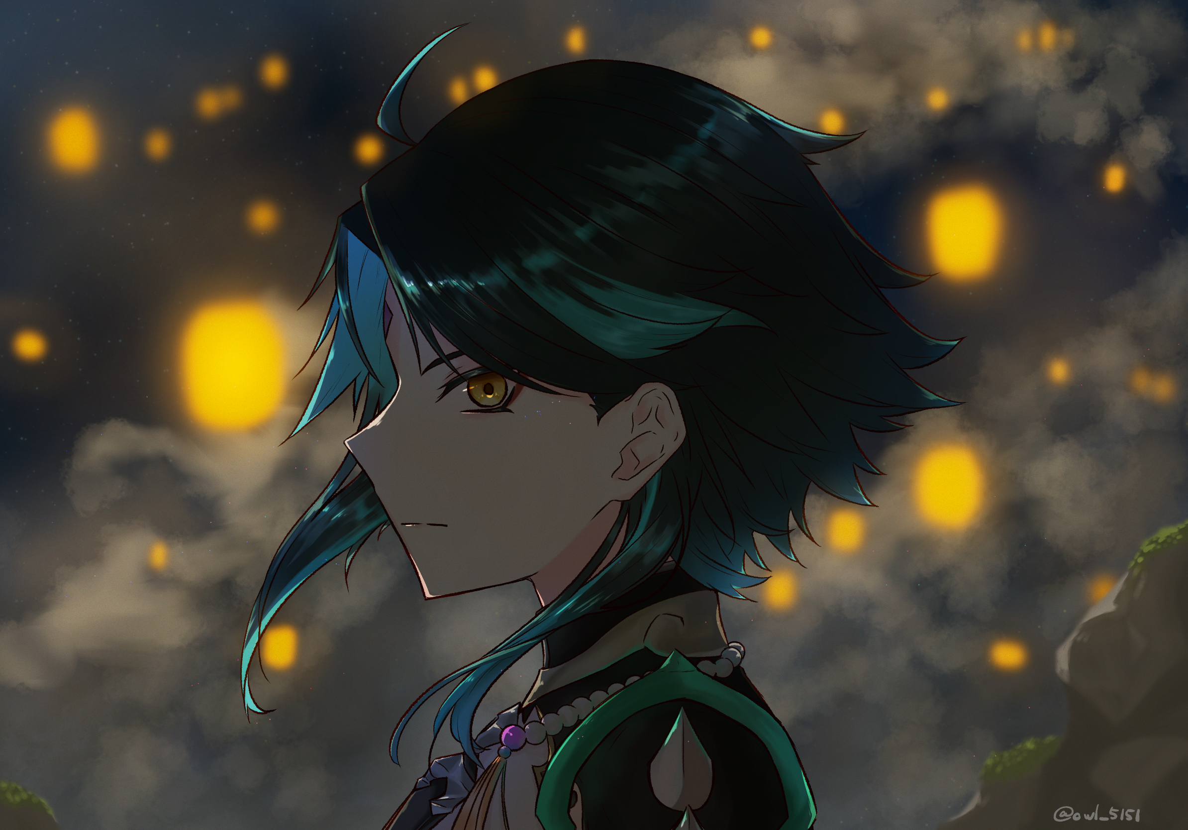 Xiao from Genshin Impact with lanterns HD Wallpaper