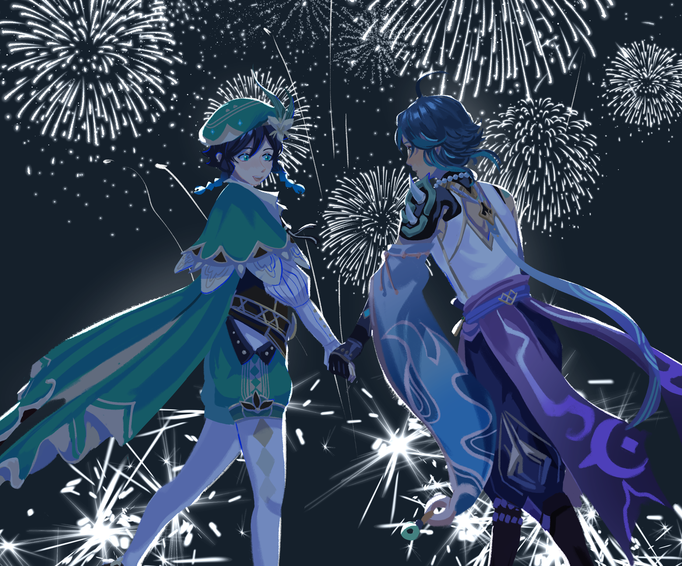 Venti and Xiao from Genshin Impact with Fireworks HD Wallpaper