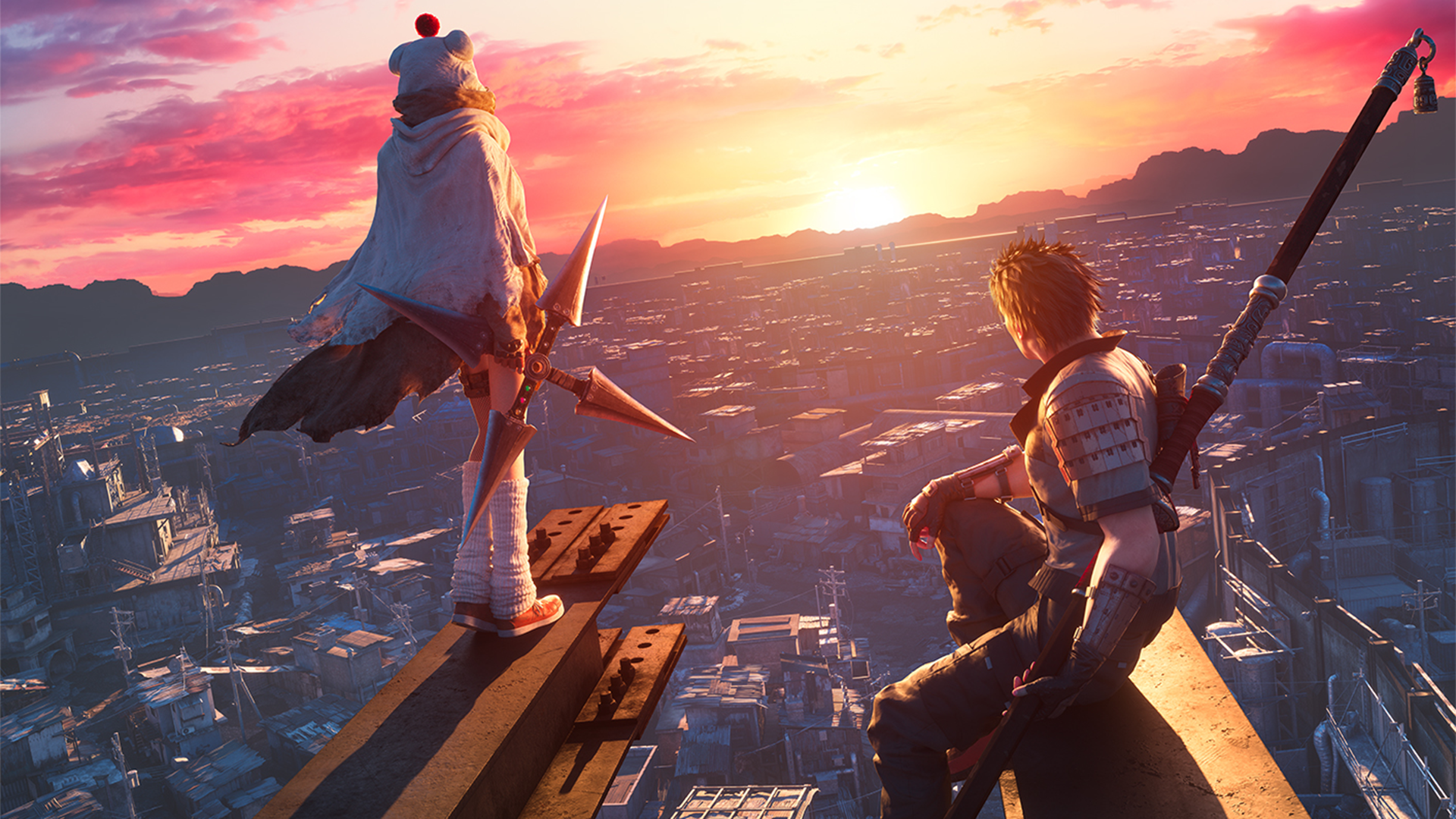 Yuffie and Sonon from Final Fantasy VII Remake at sunset HD Wallpaper