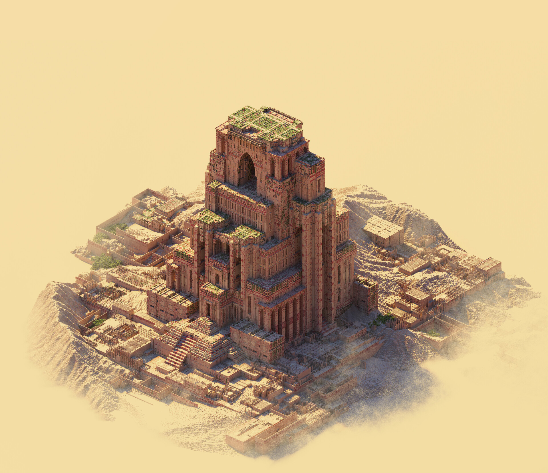 Fantasy ancient ruins with a large ziggurat HD Wallpaper