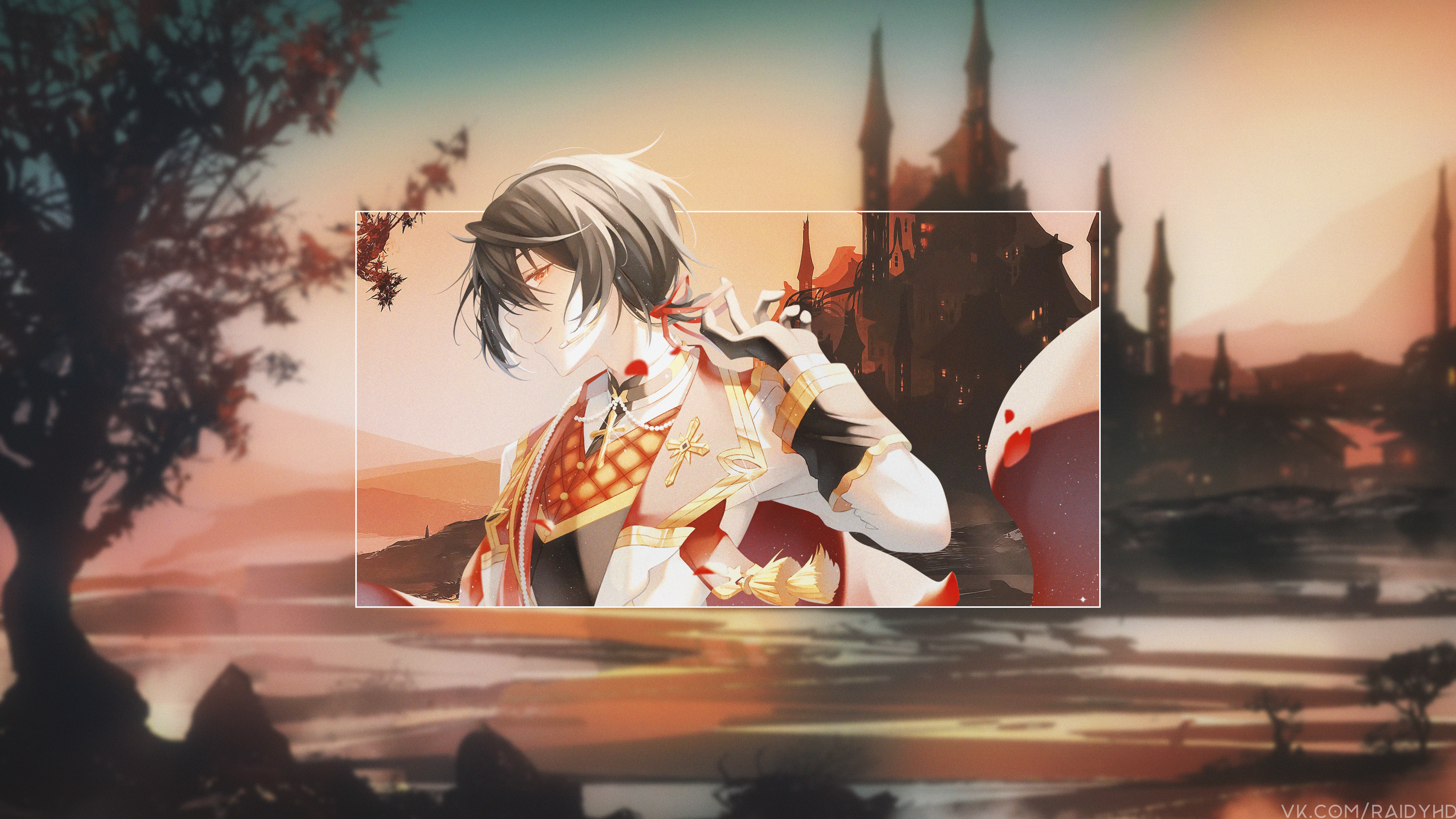 Anime boy with black hair and castle background 4K HD Wallpaper