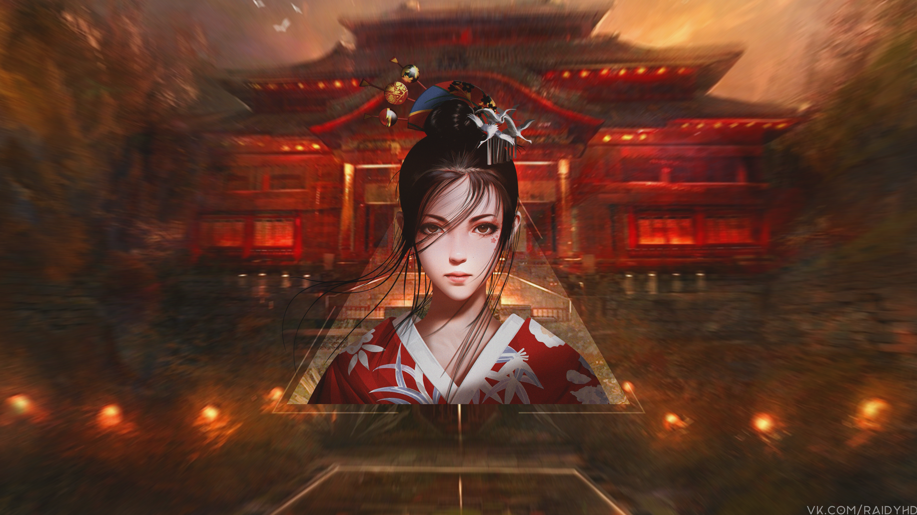 Girl in Kimono in front of a Temple 4K HD Wallpaper