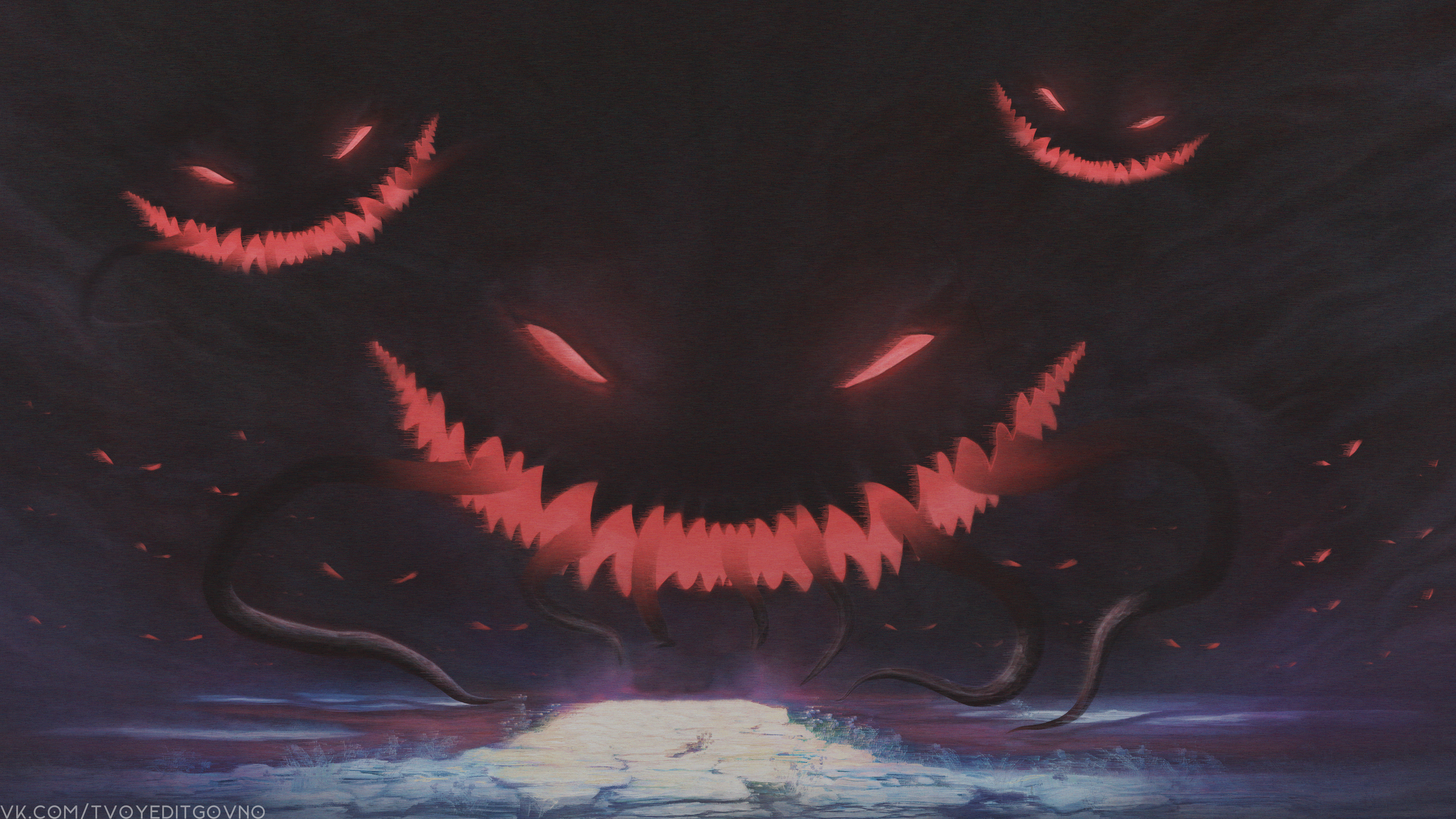 Demonic entities with glowing red eyes and mouths HD Wallpaper