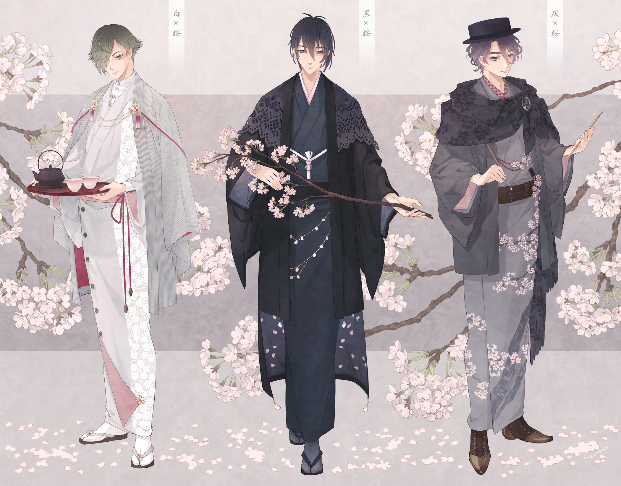 Three men in traditional Japanese clothing with cherry blossoms HD Wallpaper