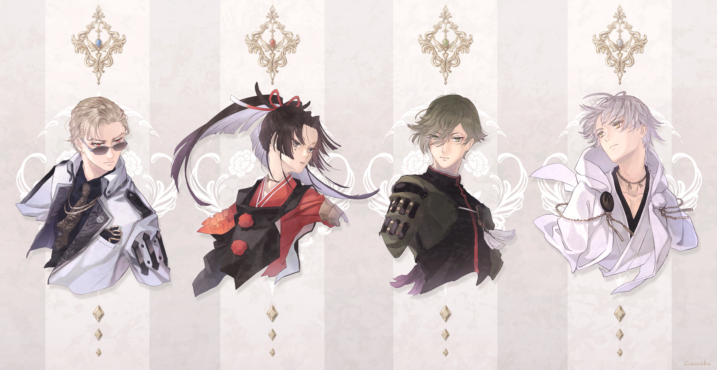 Touken Ranbu HD: Four Male Characters in Traditional and Modern Attire HD Wallpaper