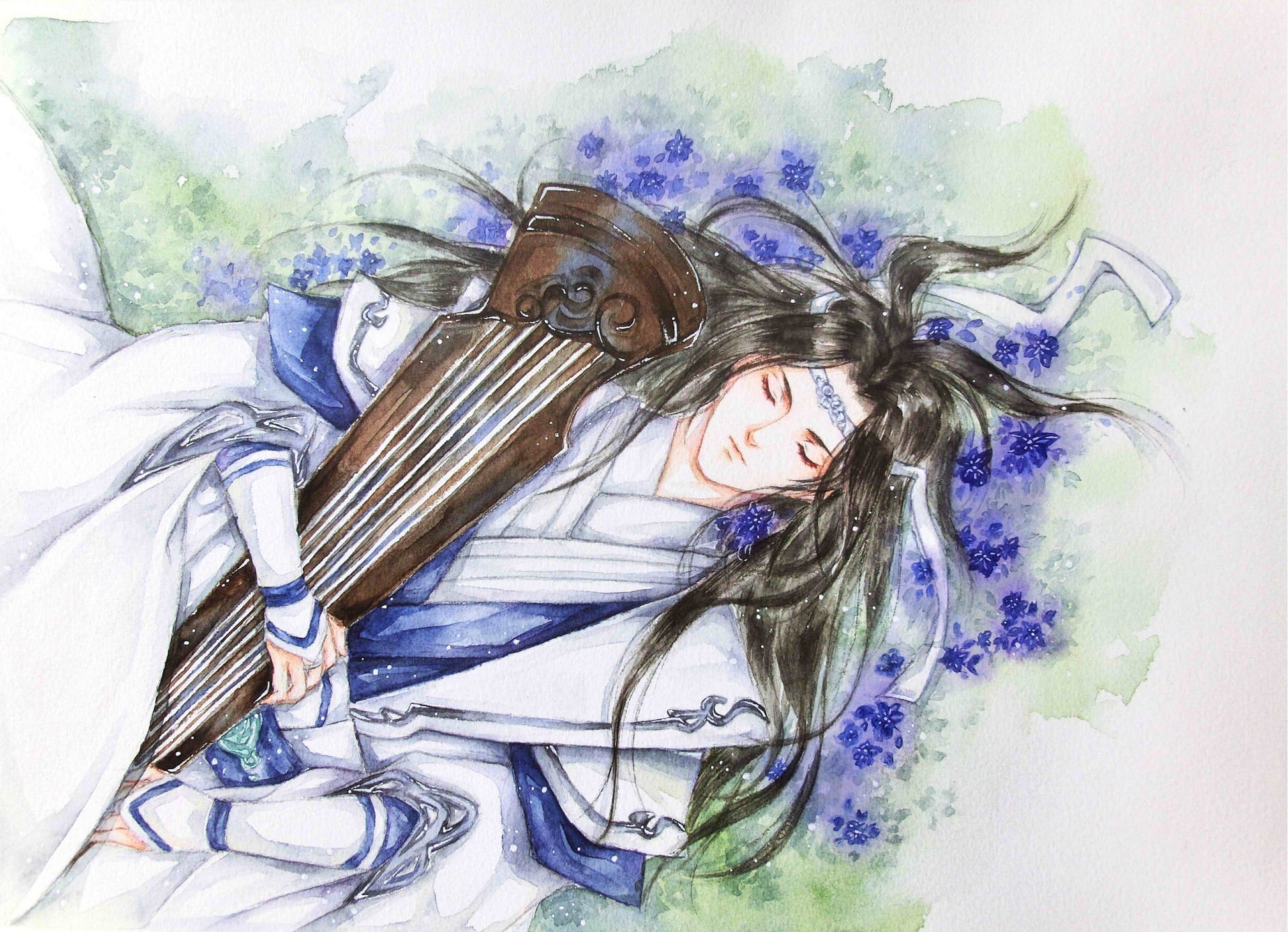 Lan Wangji from Mo Dao Zu Shi sleeping with a guqin HD Wallpaper