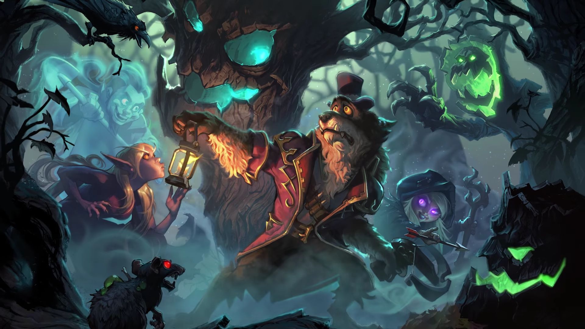The Witchwood Hearthstone characters in a spooky forest HD Wallpaper