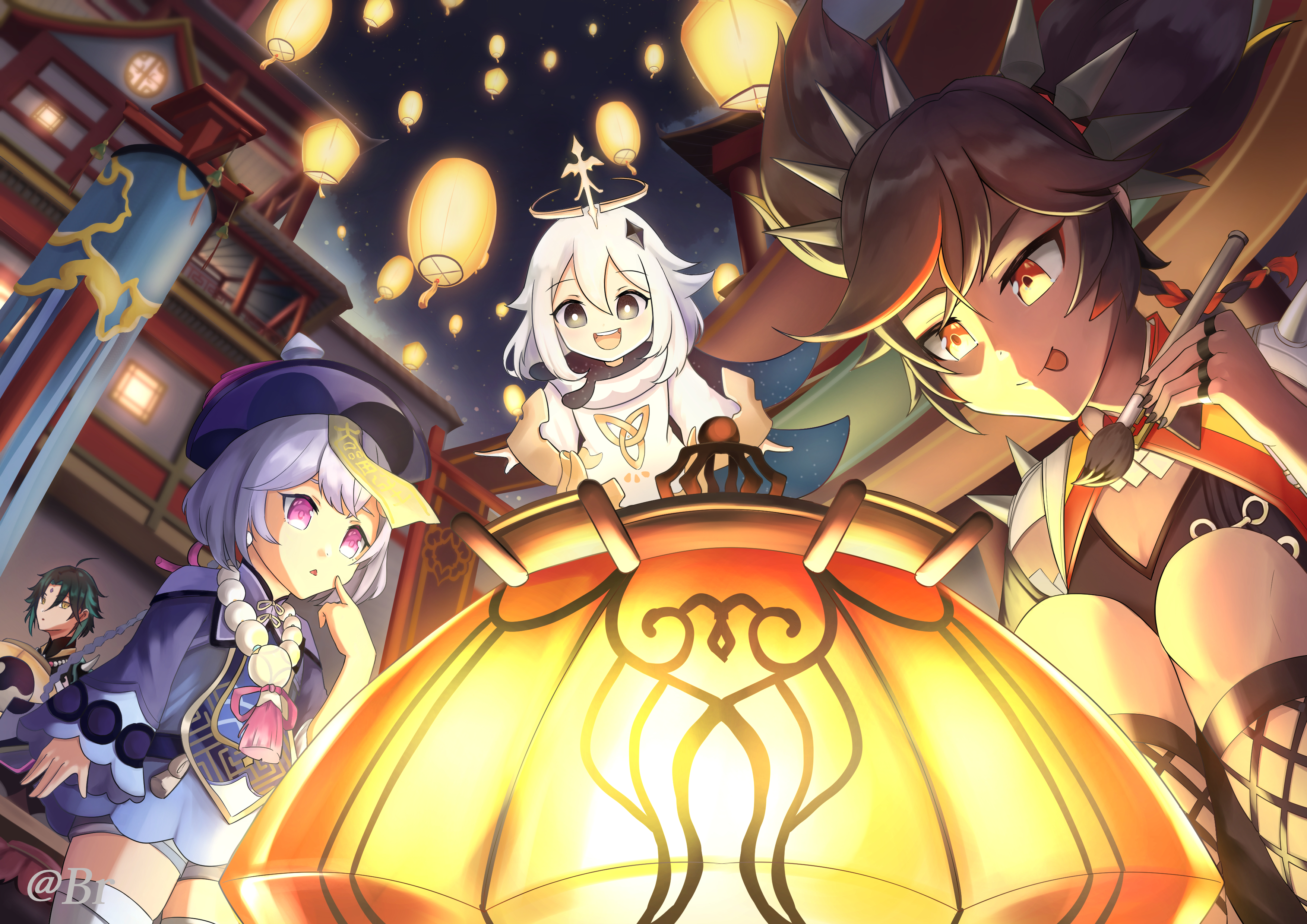 Qiqi, Paimon, Xinyan, and Xiao from Genshin Impact HD Wallpaper