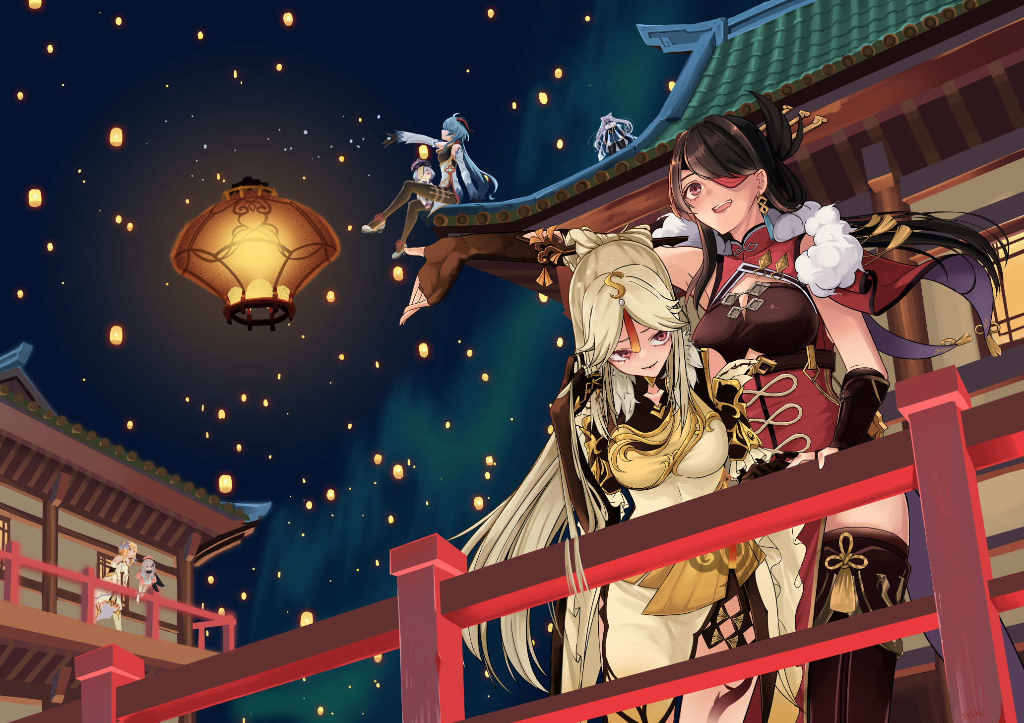 Ningguang and Beidou from Genshin Impact with lanterns HD Wallpaper