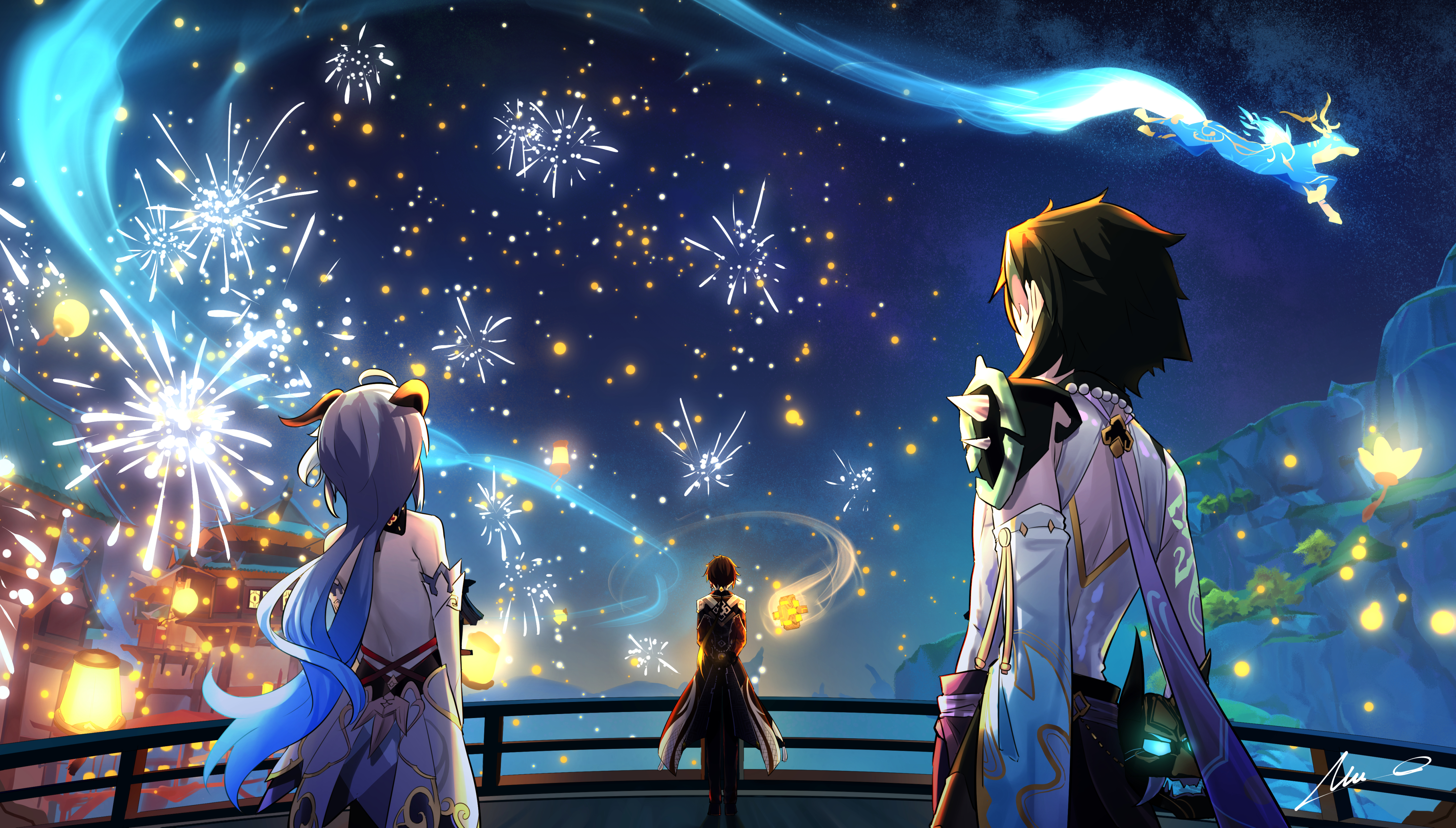Ganyu, Xiao and Zhongli from Genshin Impact watching fireworks HD Wallpaper