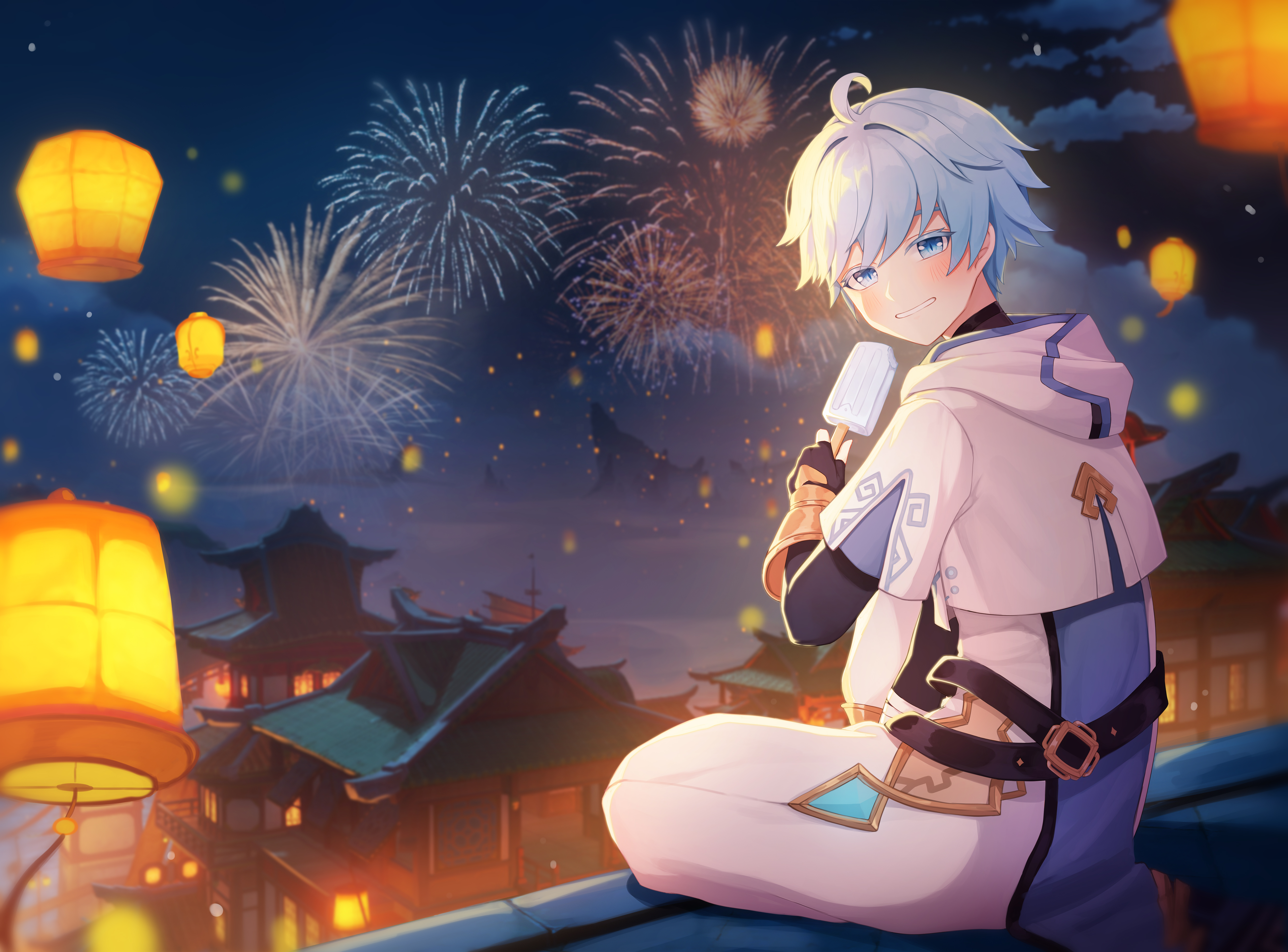Chongyun from Genshin Impact eating ice cream during fireworks HD Wallpaper