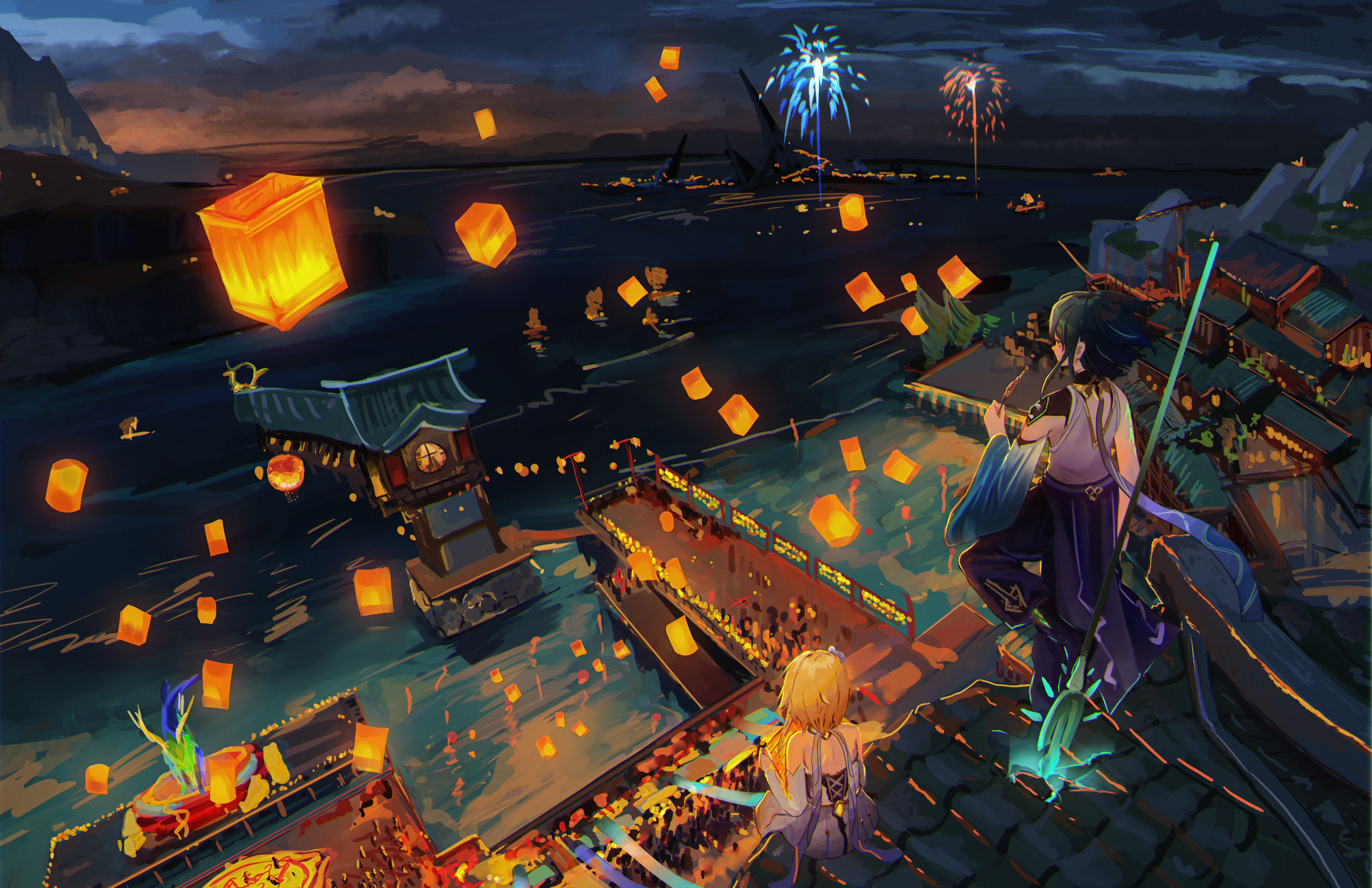 Lumine and Xiao from Genshin Impact during Lantern Rite HD Wallpaper