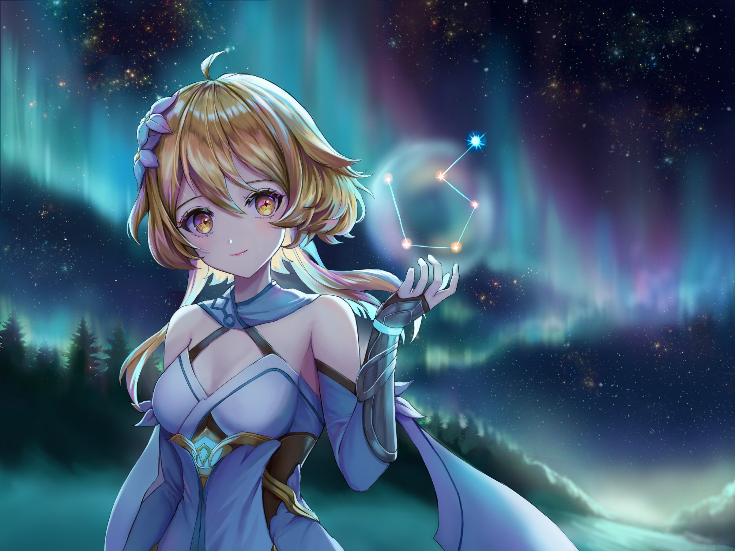 Lumine under Northern Lights in Genshin Impact HD Wallpaper
