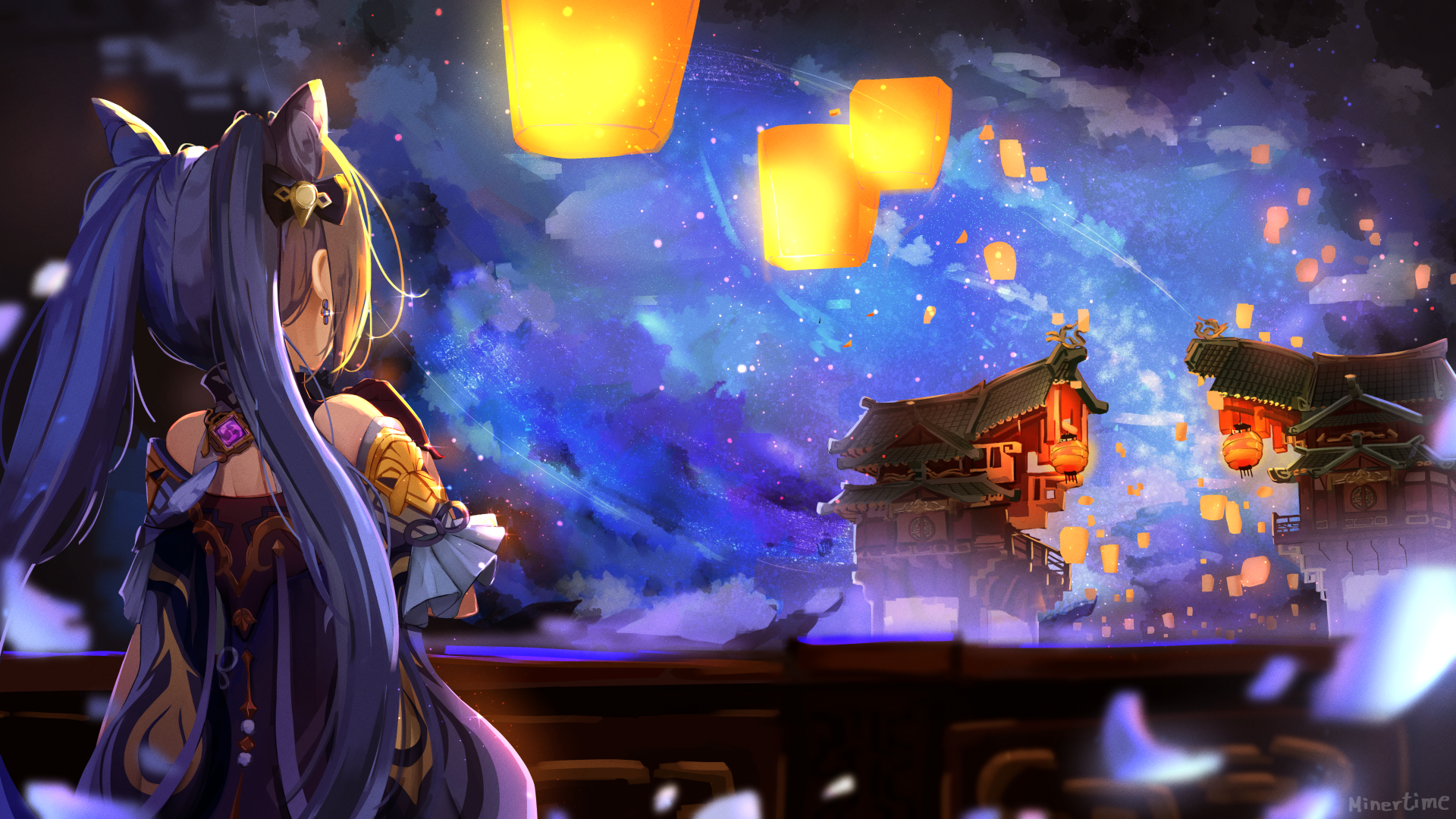 Keqing from Genshin Impact watching lanterns HD Wallpaper