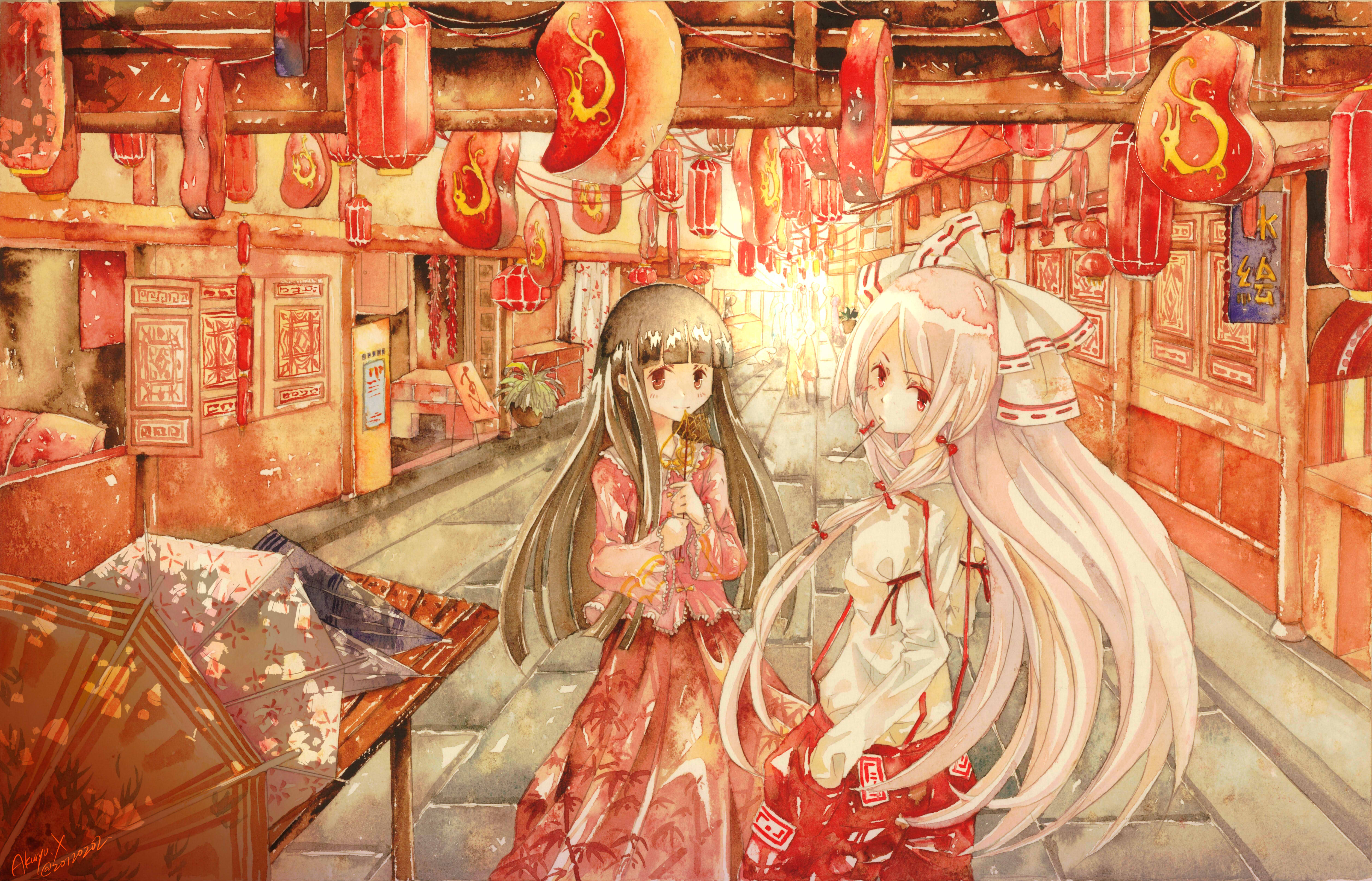 Touhou 4K: Fujiwara no Mokou and Kaguya Houraisan HD Wallpaper