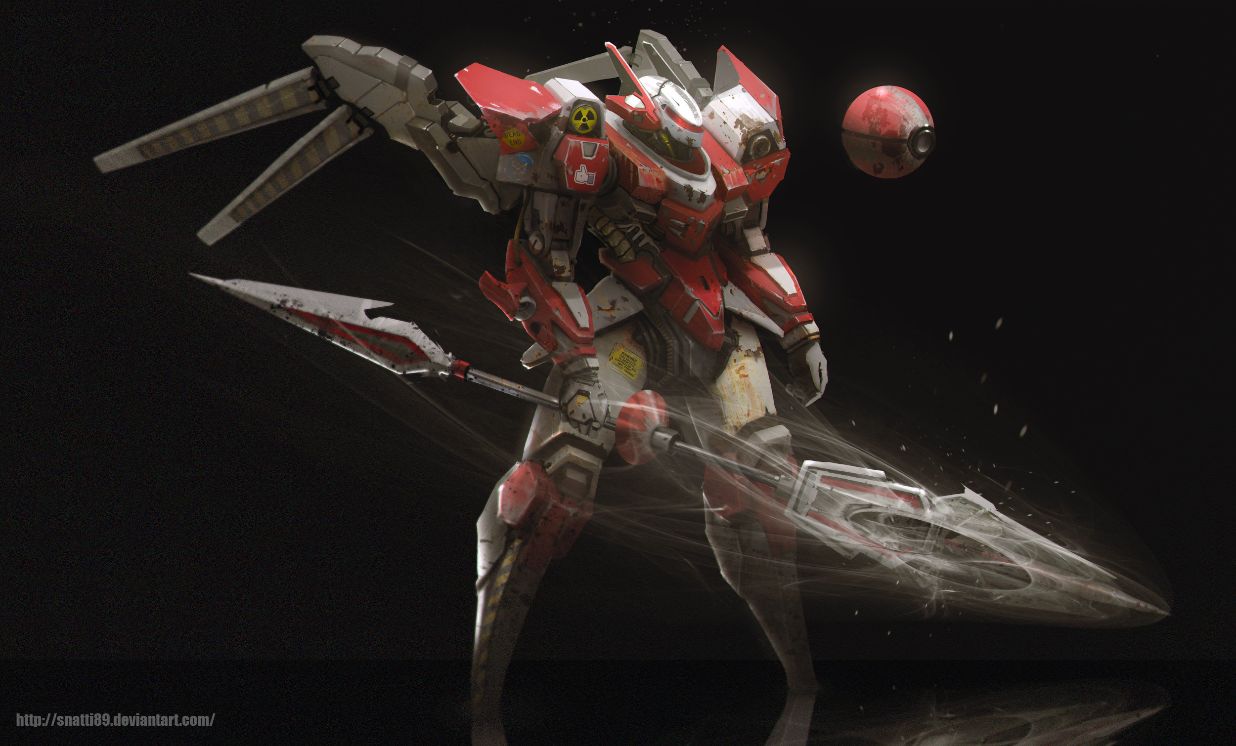 Red and white sci-fi mech with spear and drone HD Wallpaper