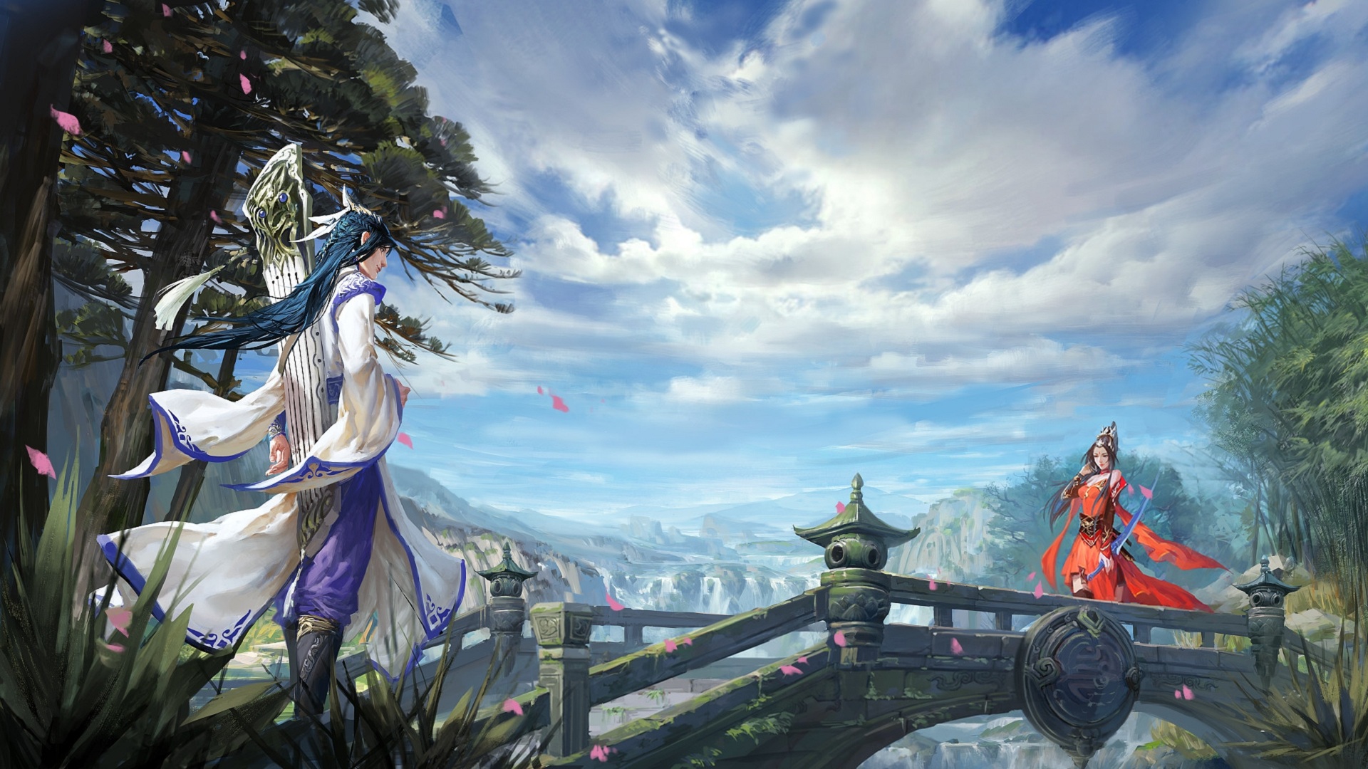 Couple on a bridge in a fantasy landscape HD Wallpaper
