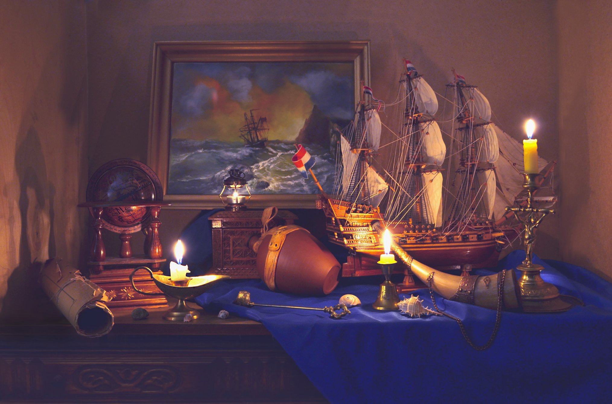 Still life with ship model, globe, and candles HD Wallpaper