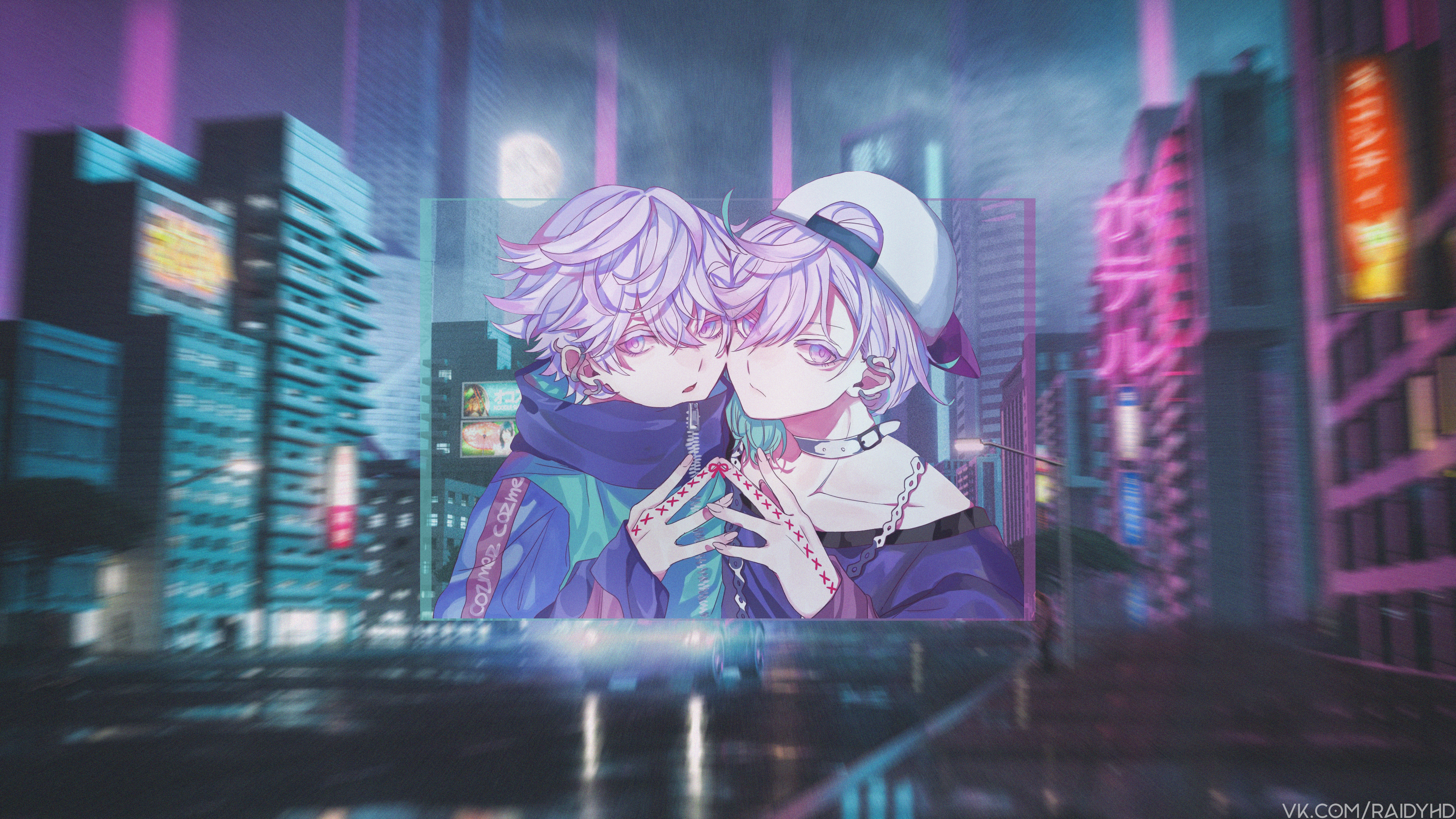 Anime Boys in Neon City 4K HD Wallpaper