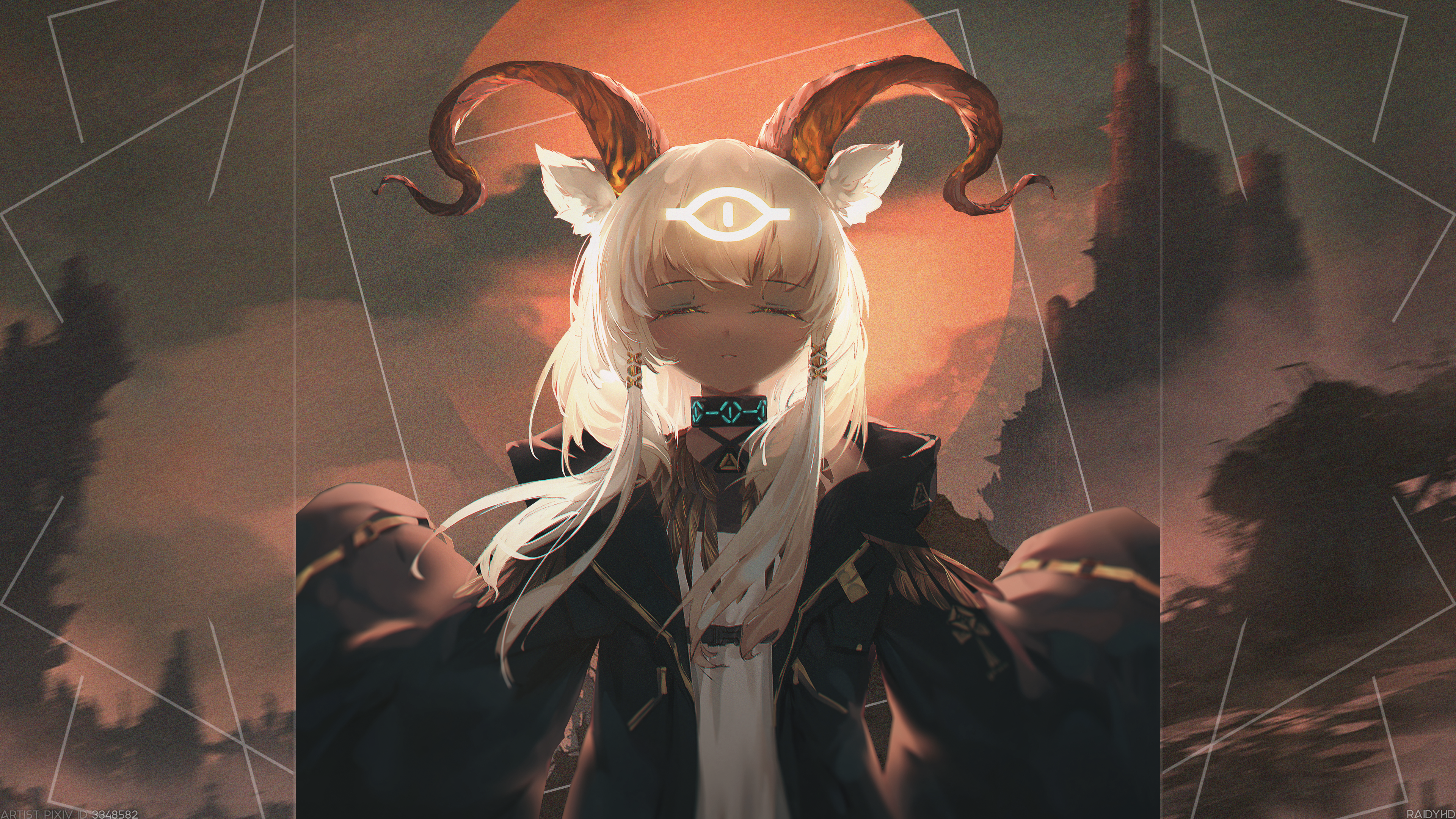 Anime girl with horns and glowing eye HD Wallpaper