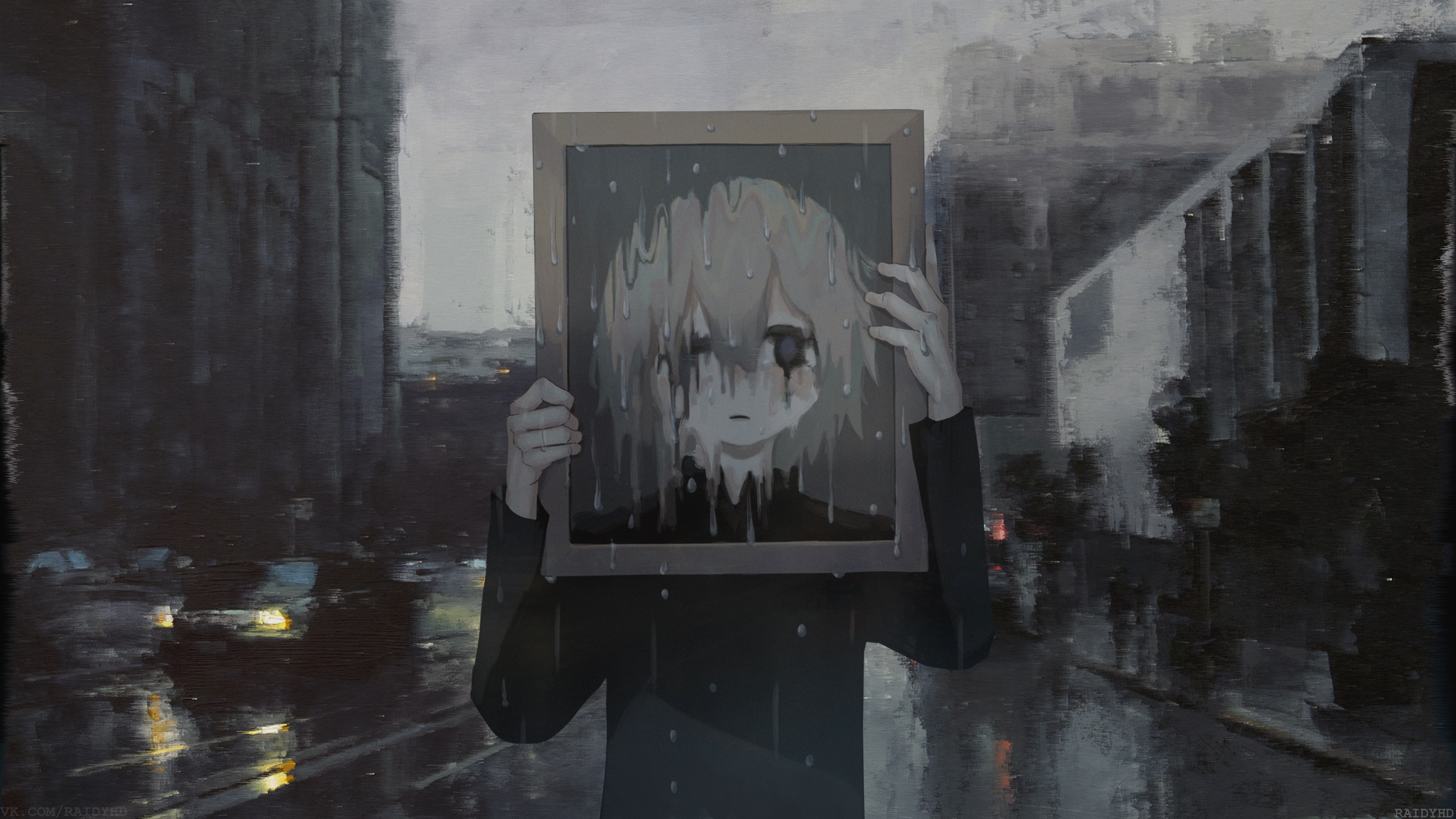 Anime girl holding a melting portrait in the rain HD Wallpaper