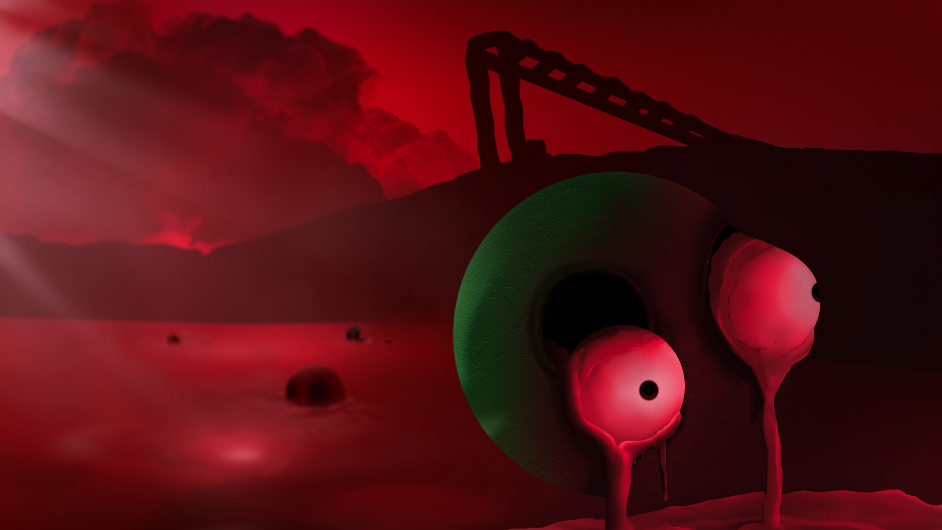 Surreal scene with a green ring and bloody eyes HD Wallpaper