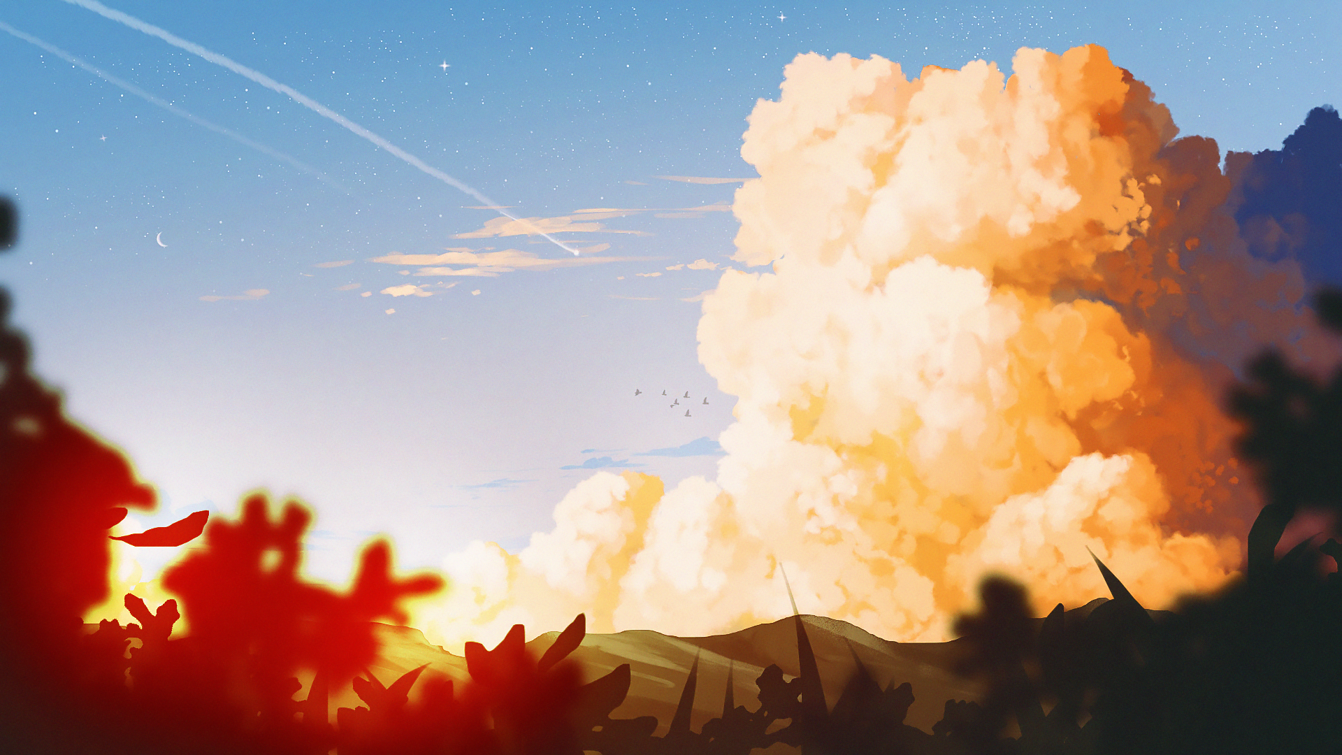 Orange clouds over hills at sunset with silhouette foreground HD Wallpaper
