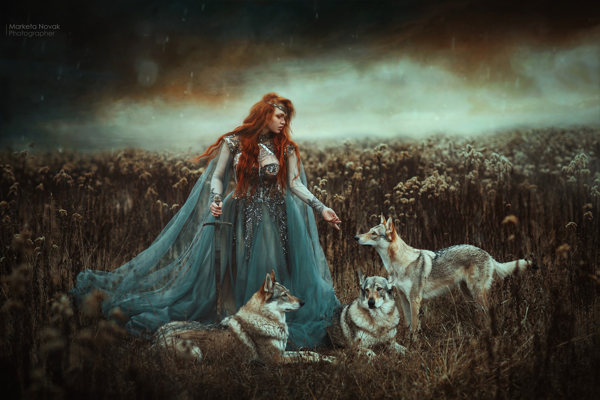 Woman with red hair and sword with Czechoslovakian Wolfdogs HD Wallpaper