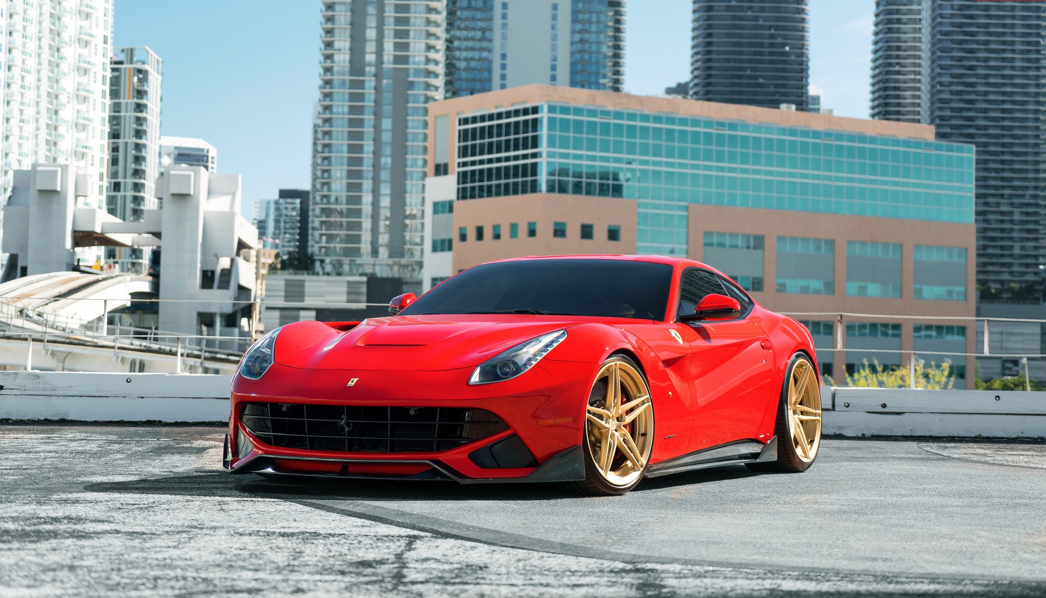 Red Ferrari F12berlinetta with gold wheels HD Wallpaper