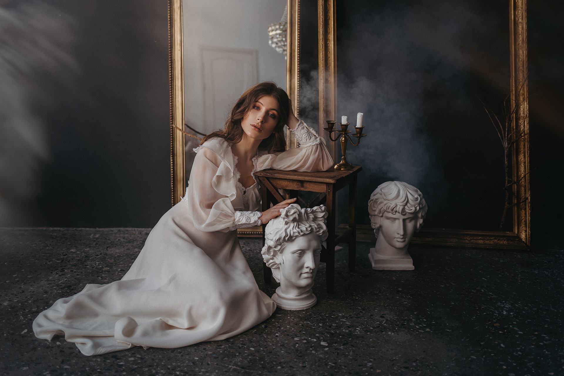 Woman in White Dress with Classical Sculptures HD Wallpaper
