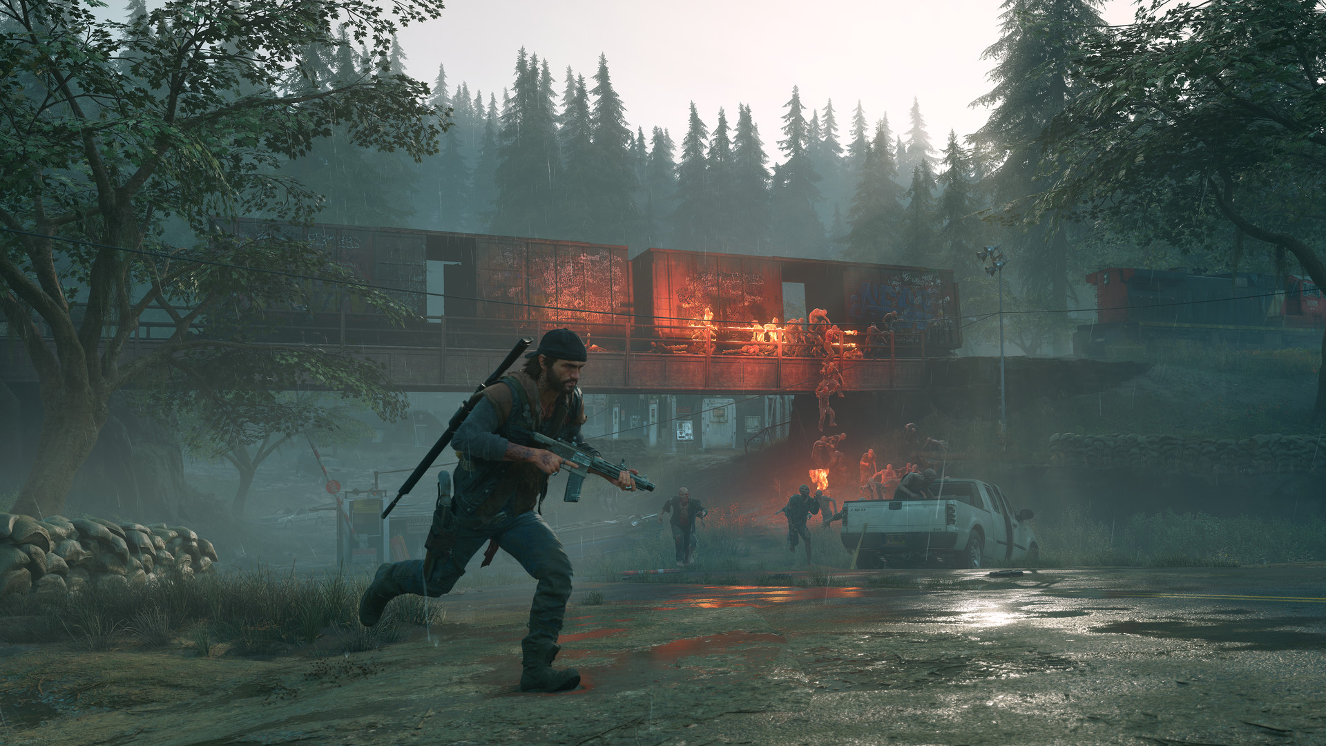 Deacon St. John running with a rifle near burning train cars HD Wallpaper