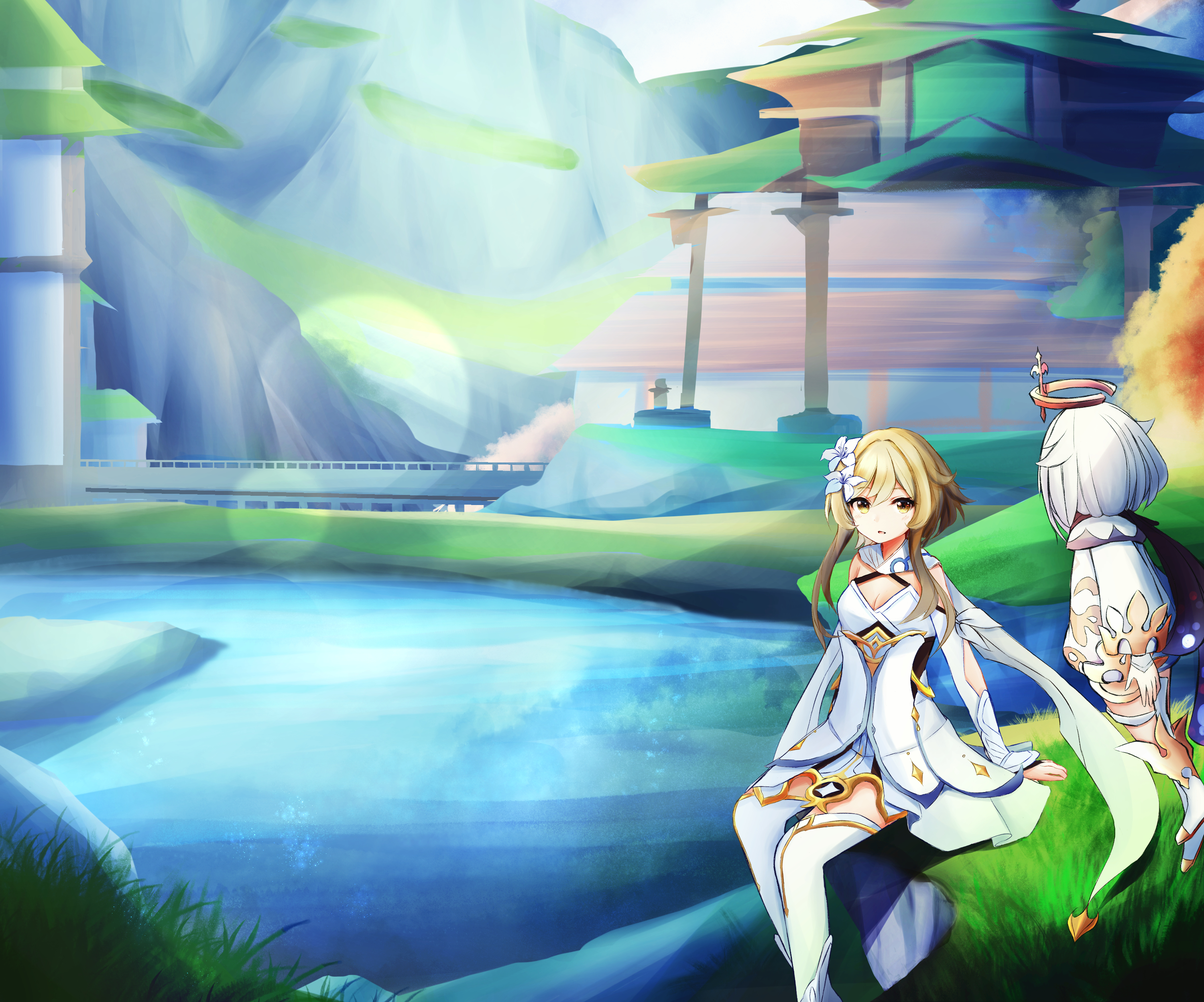 Lumine and Paimon from Genshin Impact by a lake HD Wallpaper