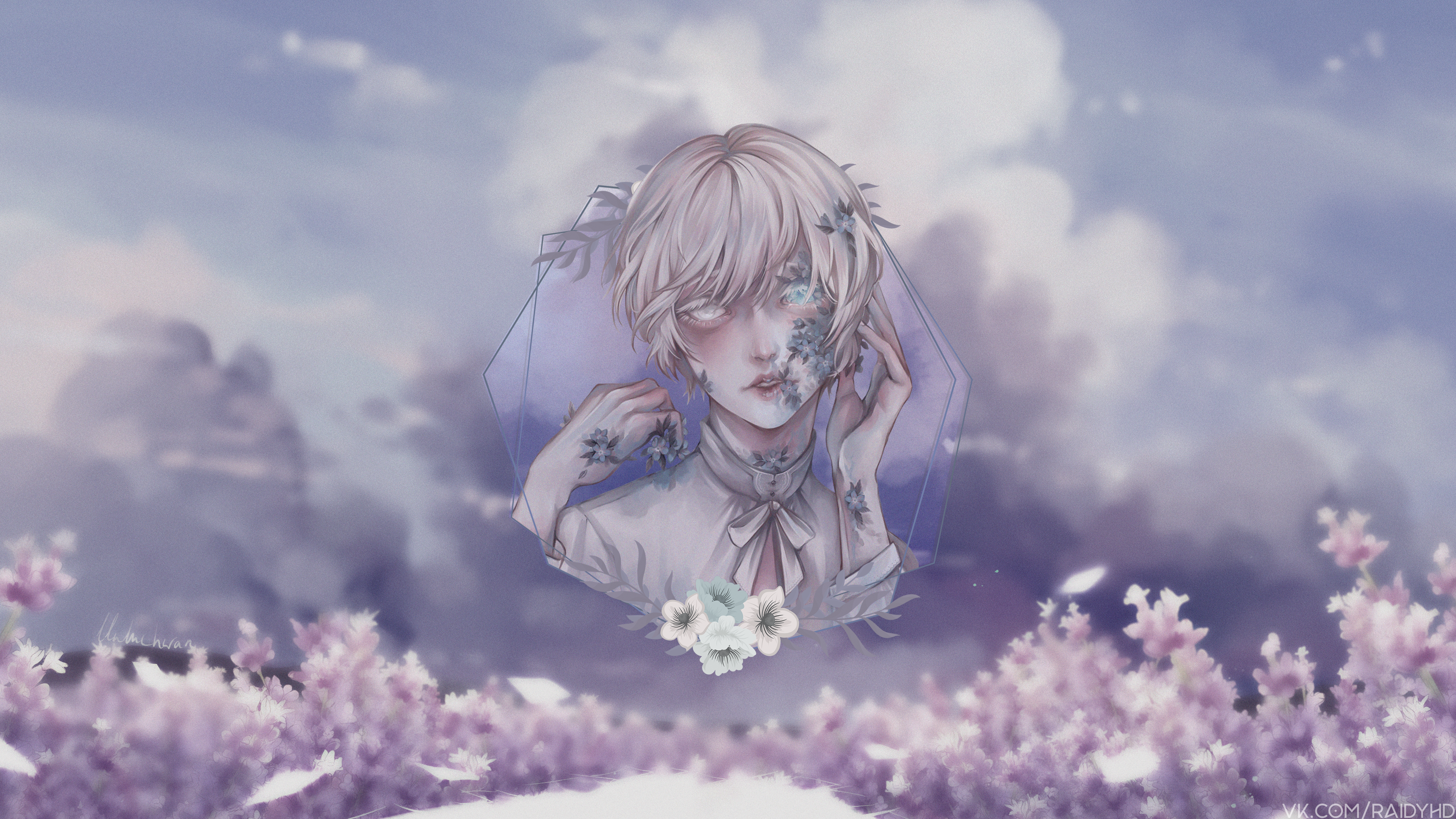 Original Anime Boy with Flowers 4K HD Wallpaper