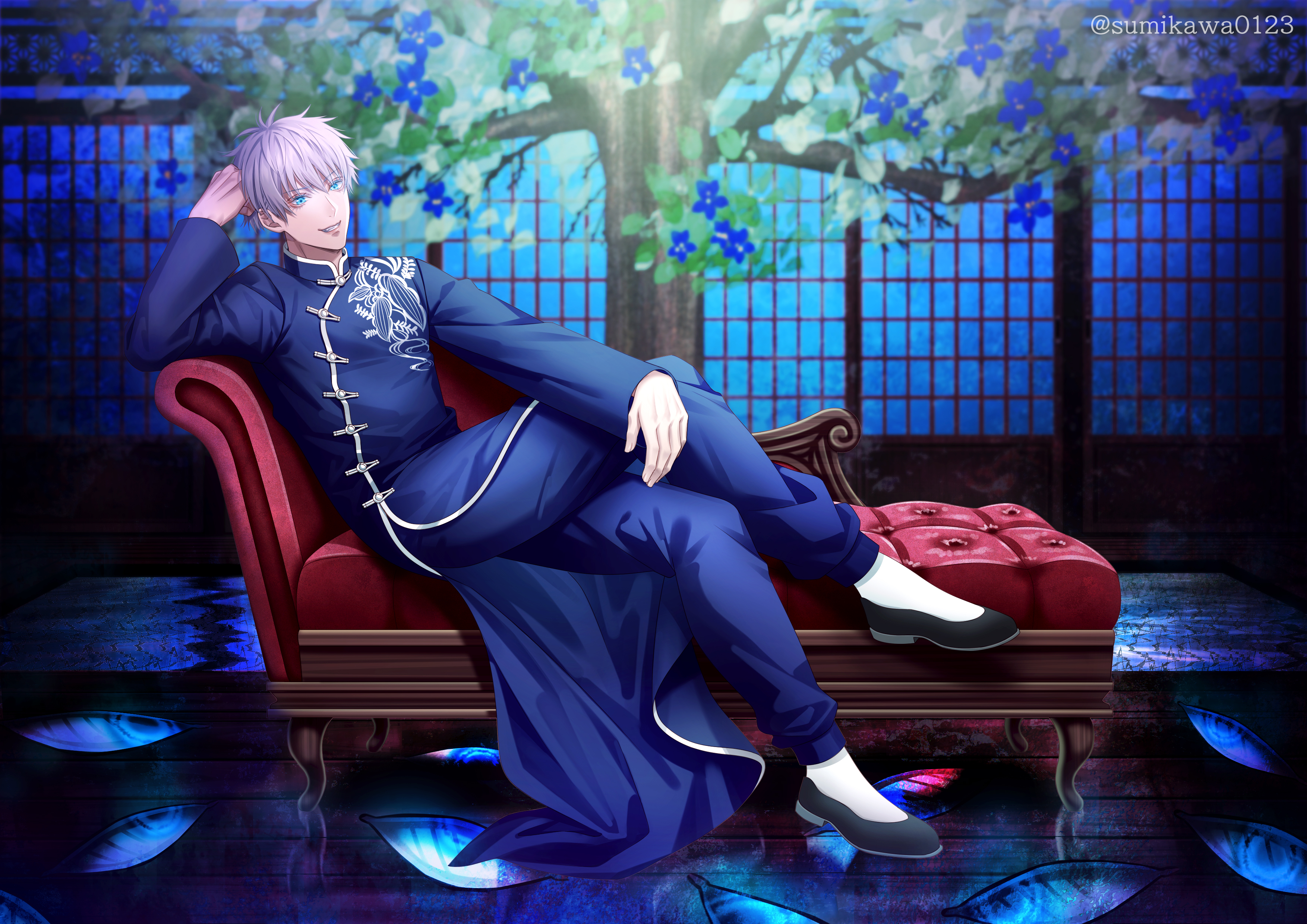 Satoru Gojo sitting on a chaise lounge HD Wallpaper