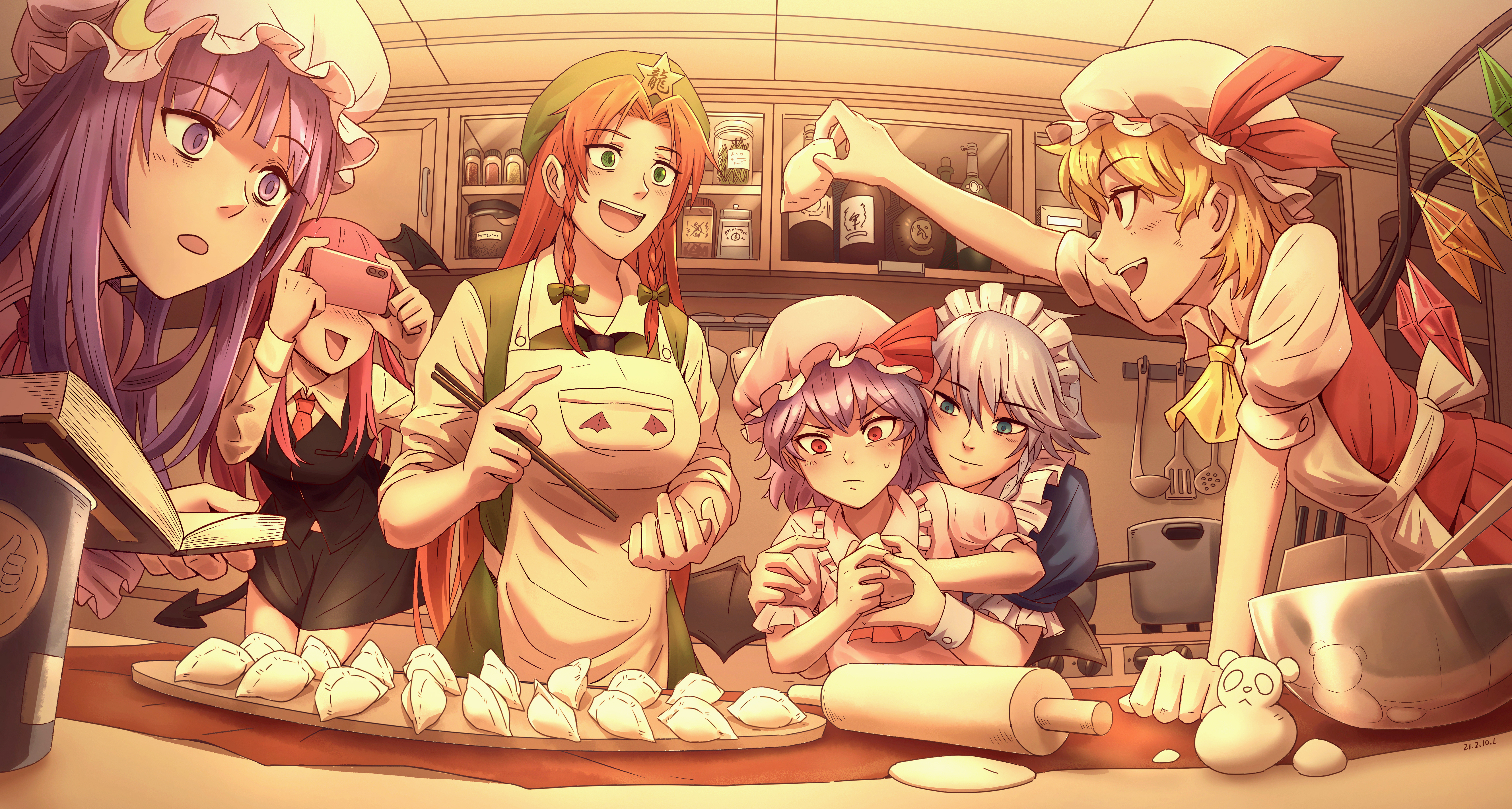 Touhou 4K: Sakuya, Patchouli, Meiling, Koakuma, Remilia, Flandre making dumplings HD Wallpaper