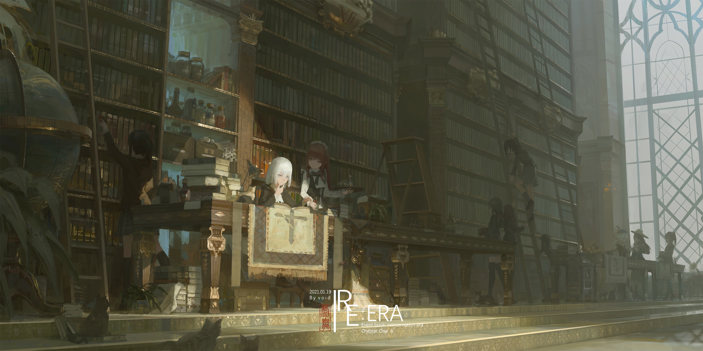 Characters in a grand library with tall bookshelves HD Wallpaper