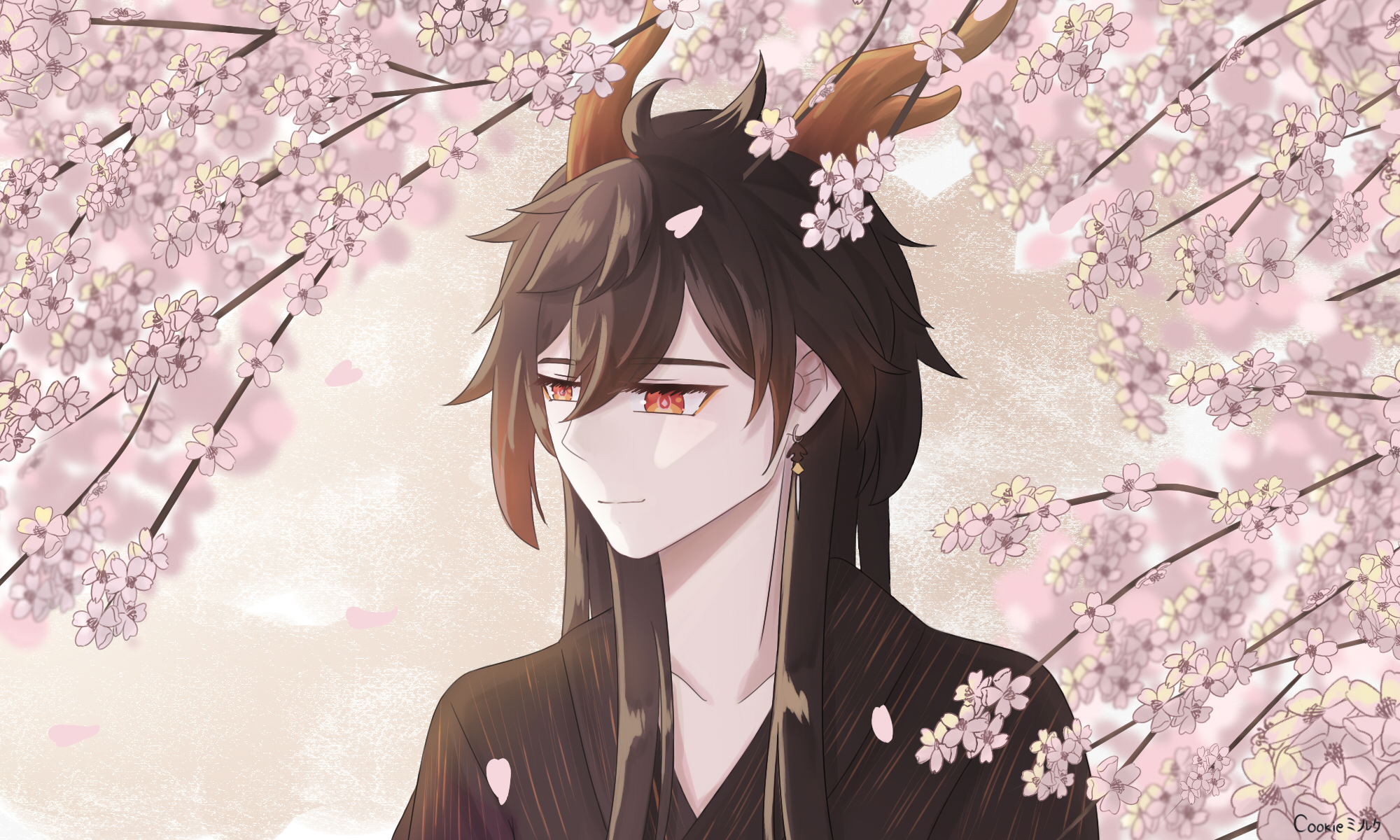 Zhongli from Genshin Impact with cherry blossoms HD Wallpaper