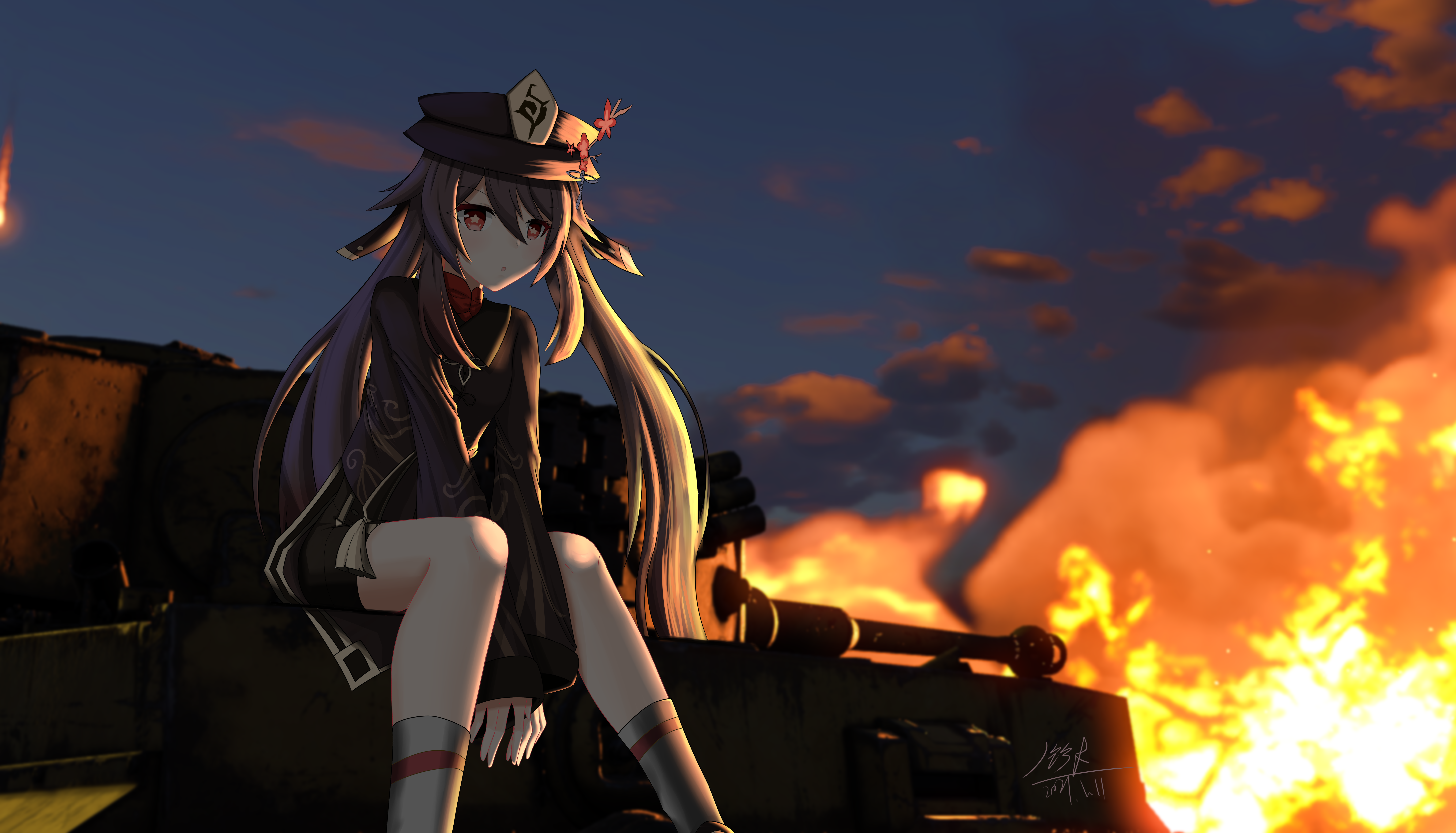 Hu Tao from Genshin Impact on a burning tank HD Wallpaper