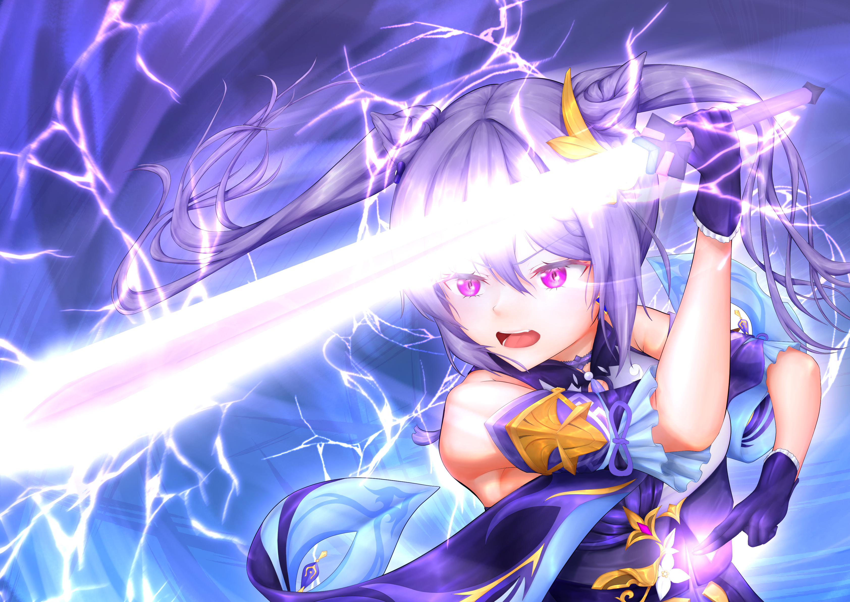 Keqing from Genshin Impact wielding a lightning sword HD Wallpaper