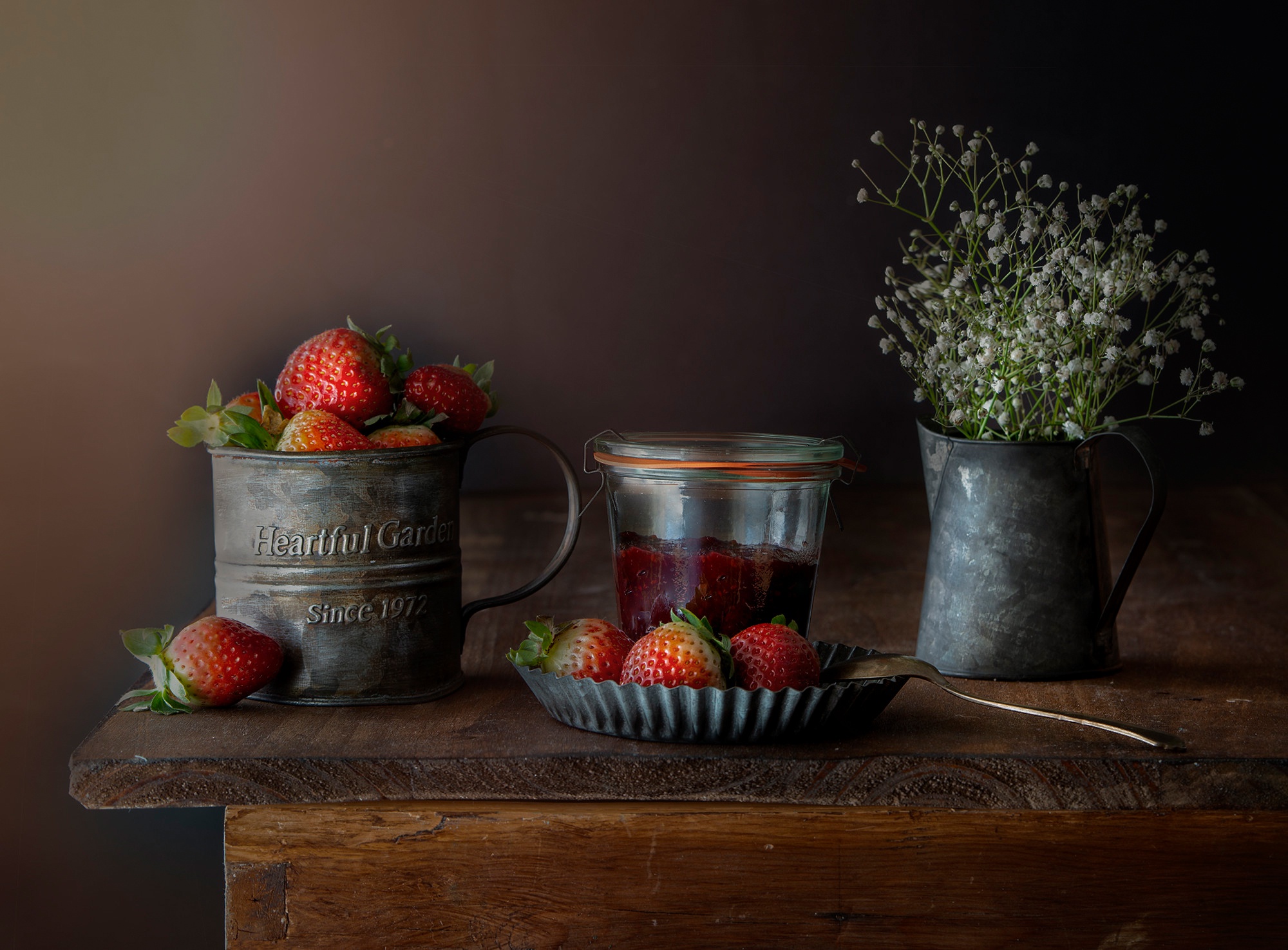 Strawberries with Vintage Metal Containers HD Wallpaper