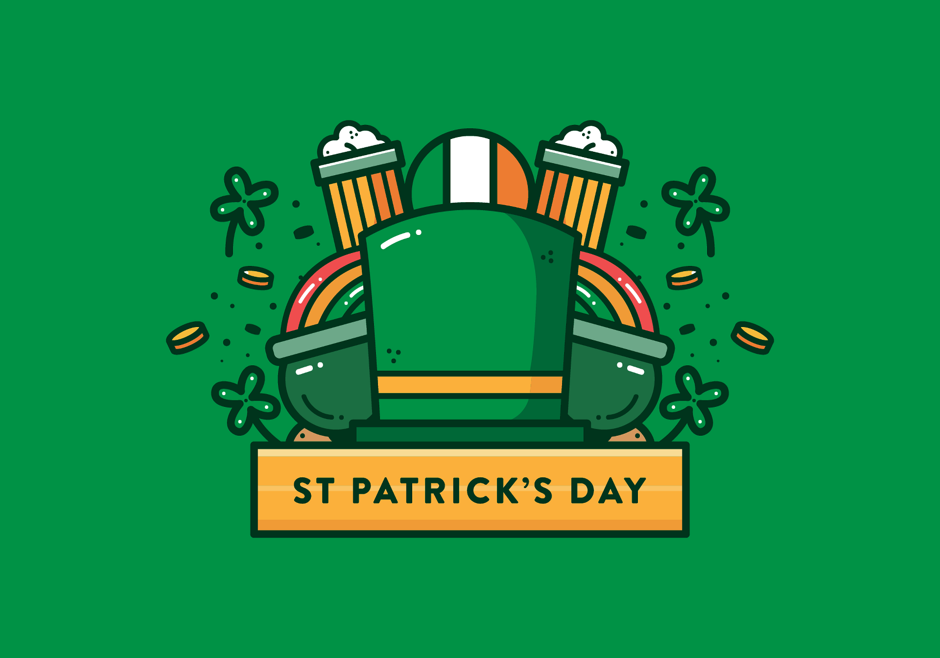 St. Patrick's Day illustration with hat, beer, and rainbow HD Wallpaper