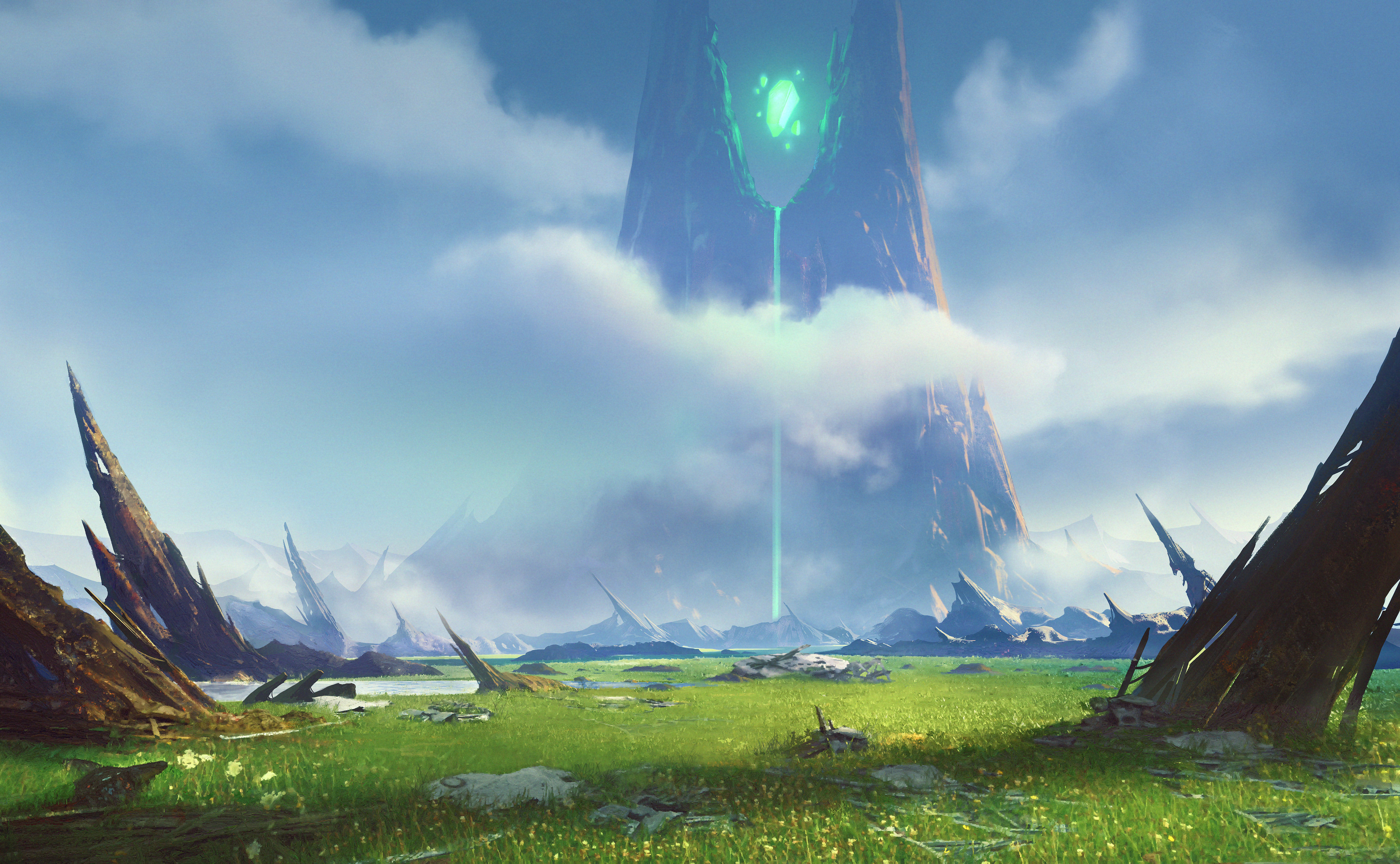Fantasy Landscape with Glowing Spire 4K HD Wallpaper