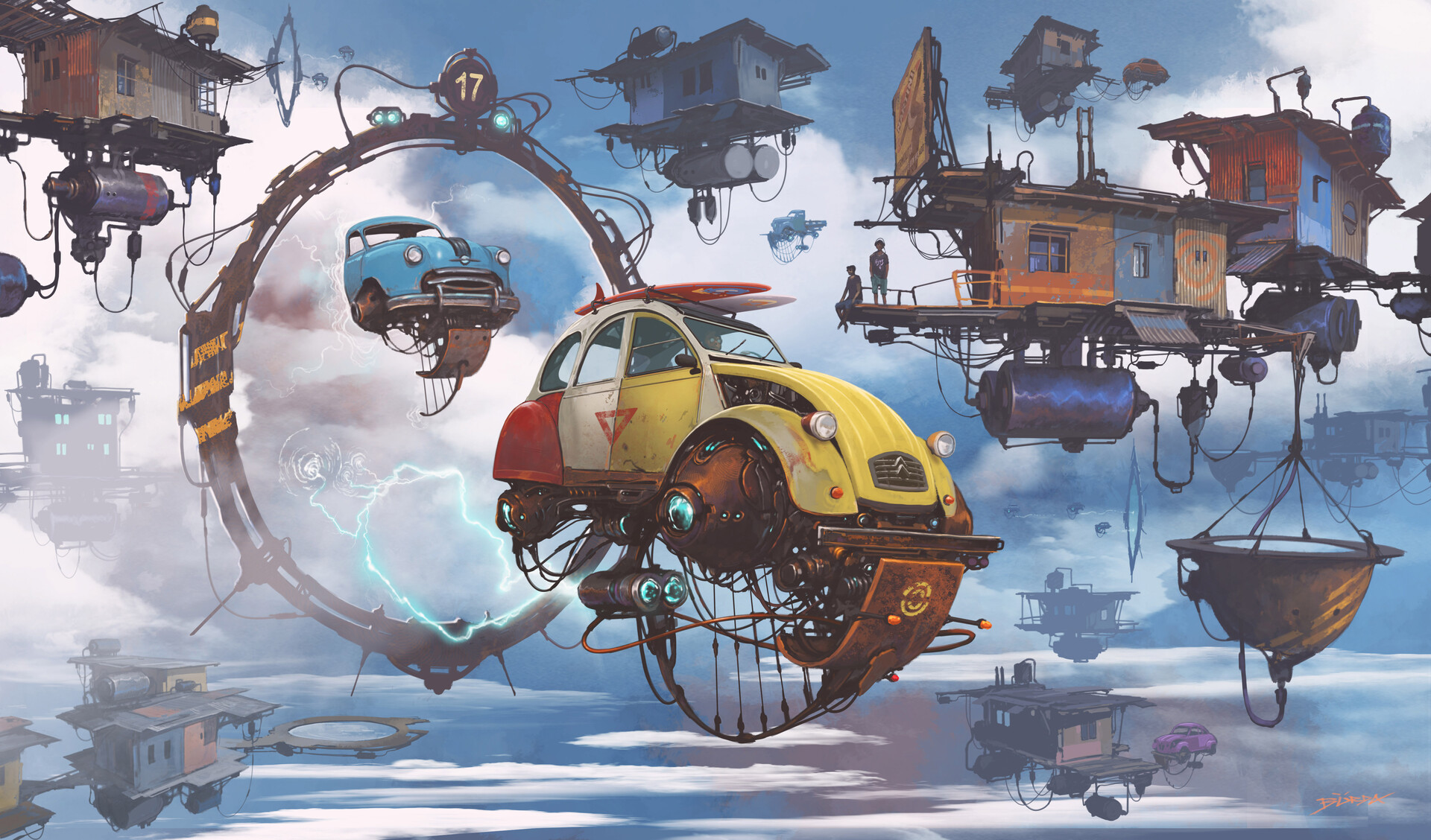 Citroen 2CV flying car with surfboards in a steampunk sky city HD Wallpaper