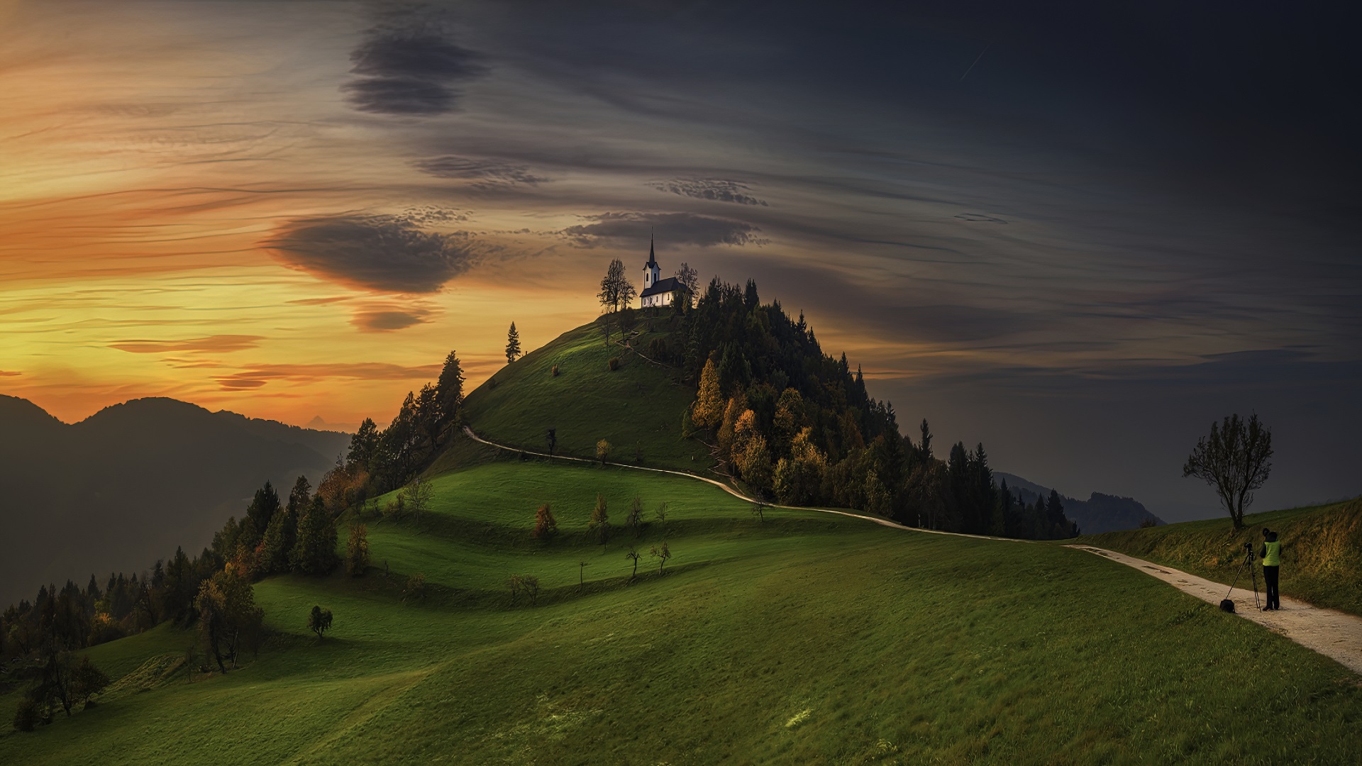 Church on a hill at sunset HD Wallpaper