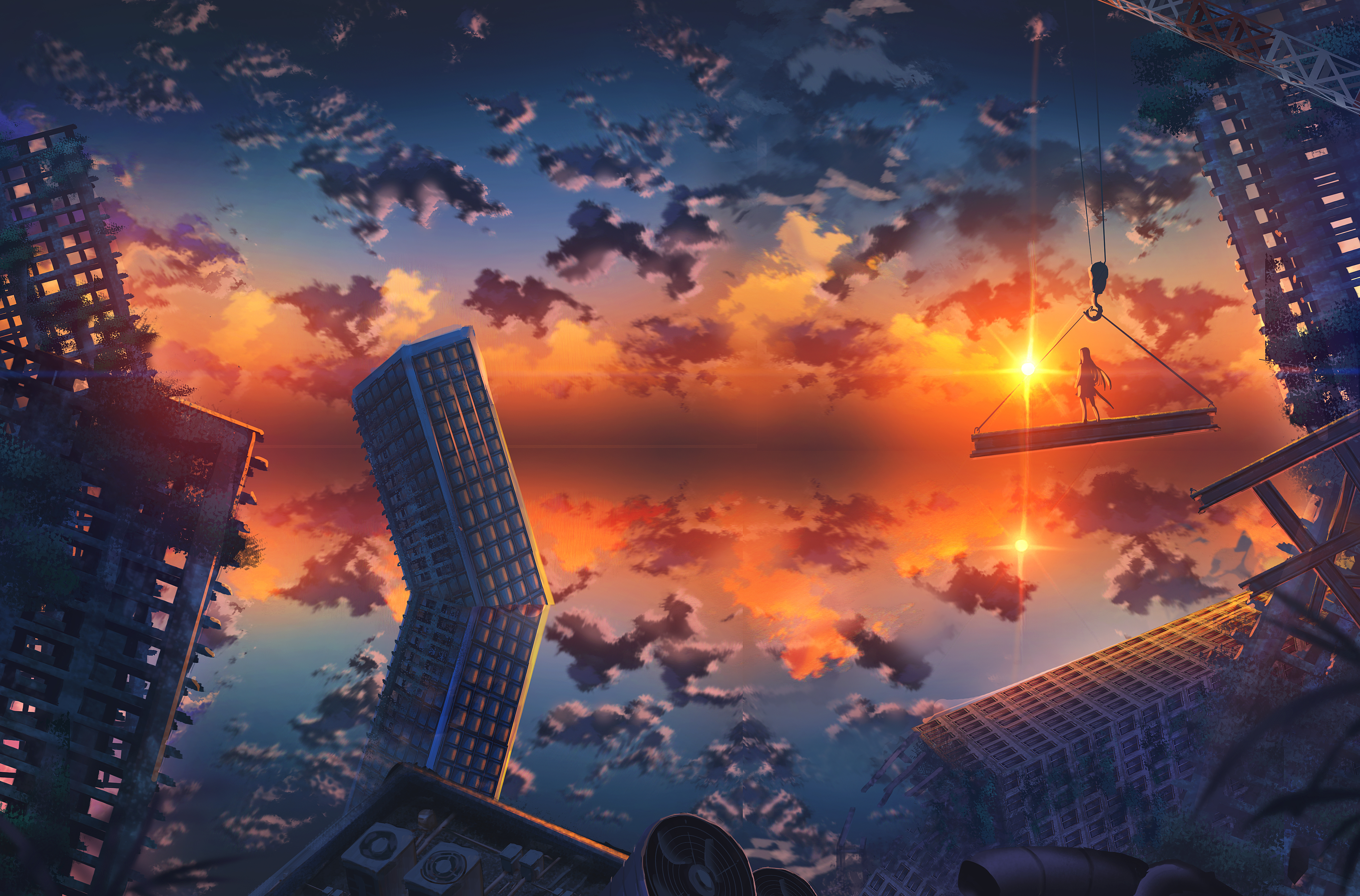 Anime 4K Sunset Over Ruined Cityscape HD Wallpaper