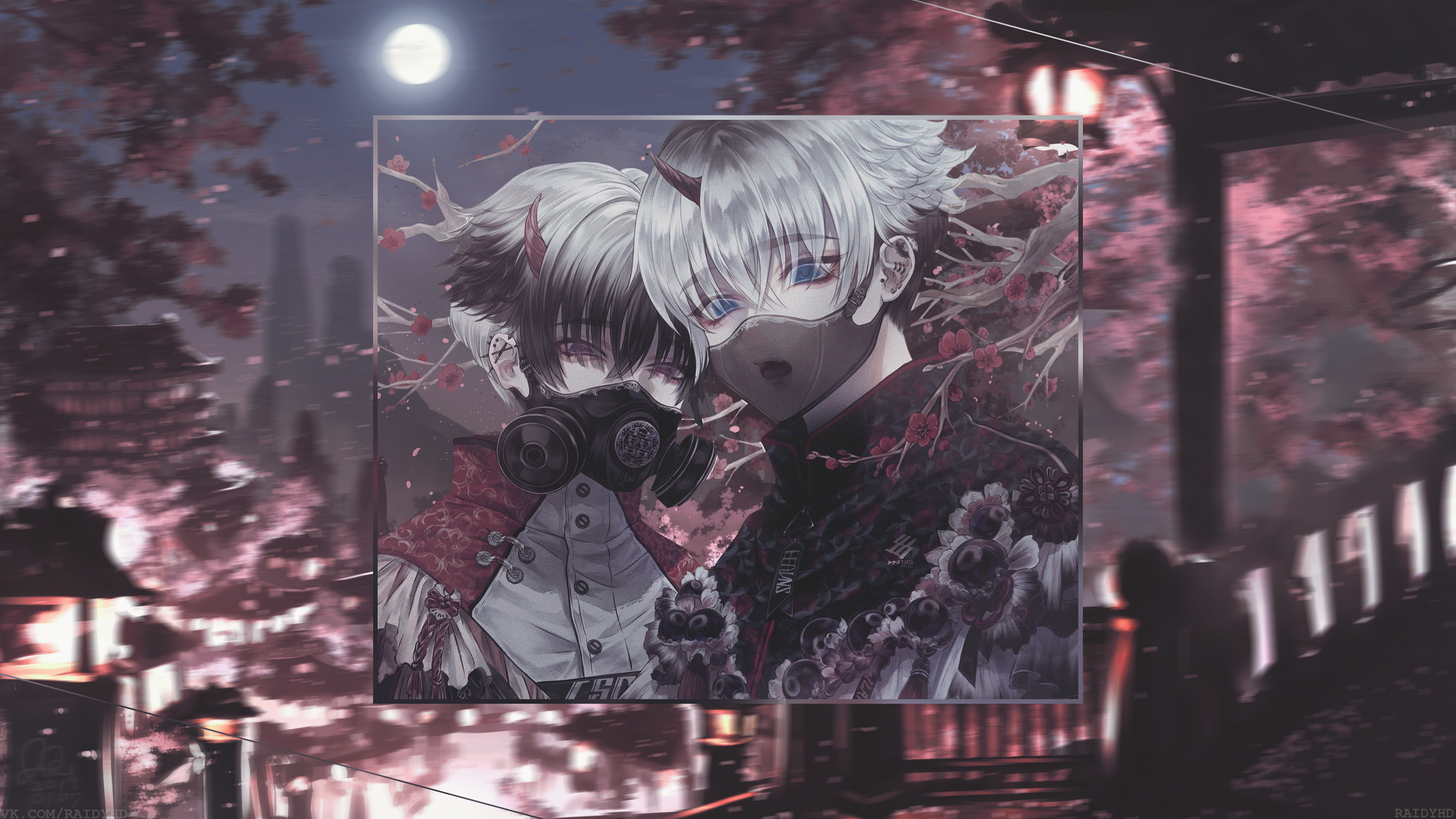 Two boys with gas masks and horns, anime art 4K HD Wallpaper