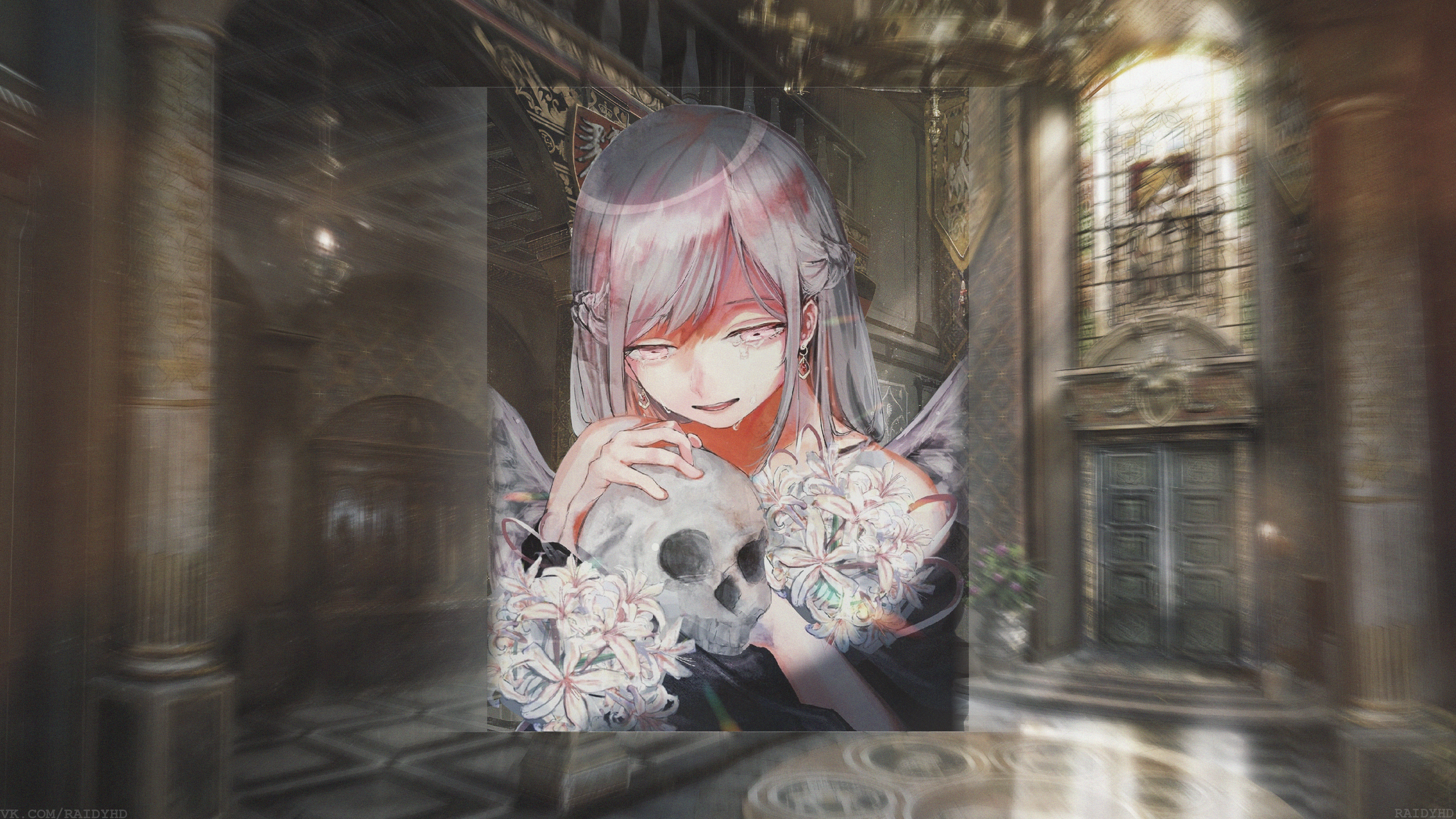 Girl with Skull and Flowers 4K HD Wallpaper